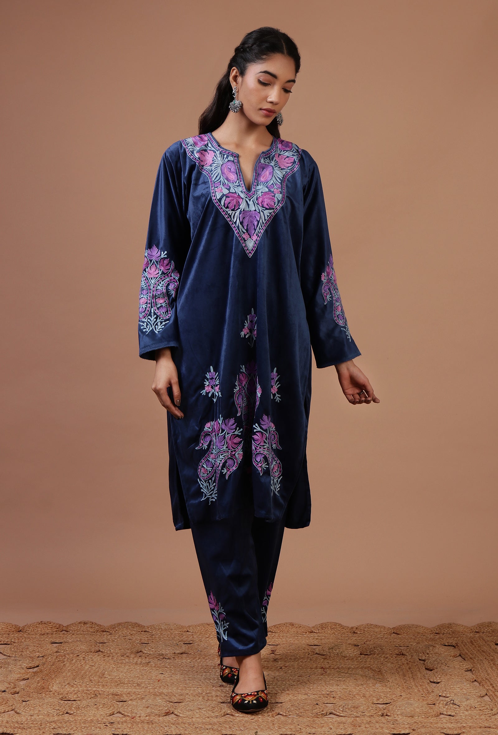 Blue Zodiac Velvet Ari Embroidered Kurta & Pant Set- Free Size