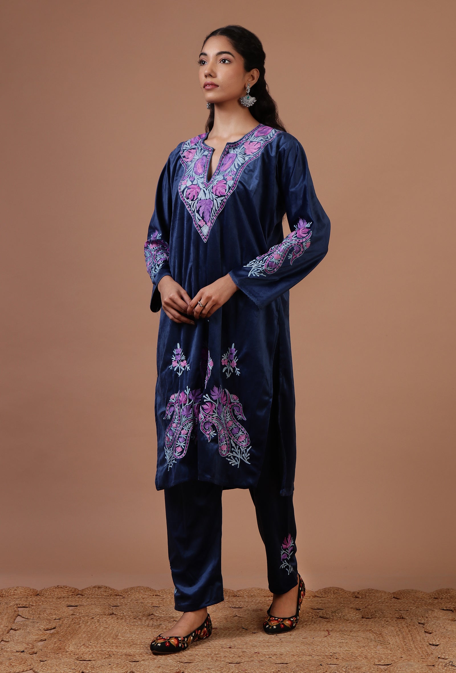 Blue Zodiac Velvet Ari Embroidered Kurta & Pant Set- Free Size