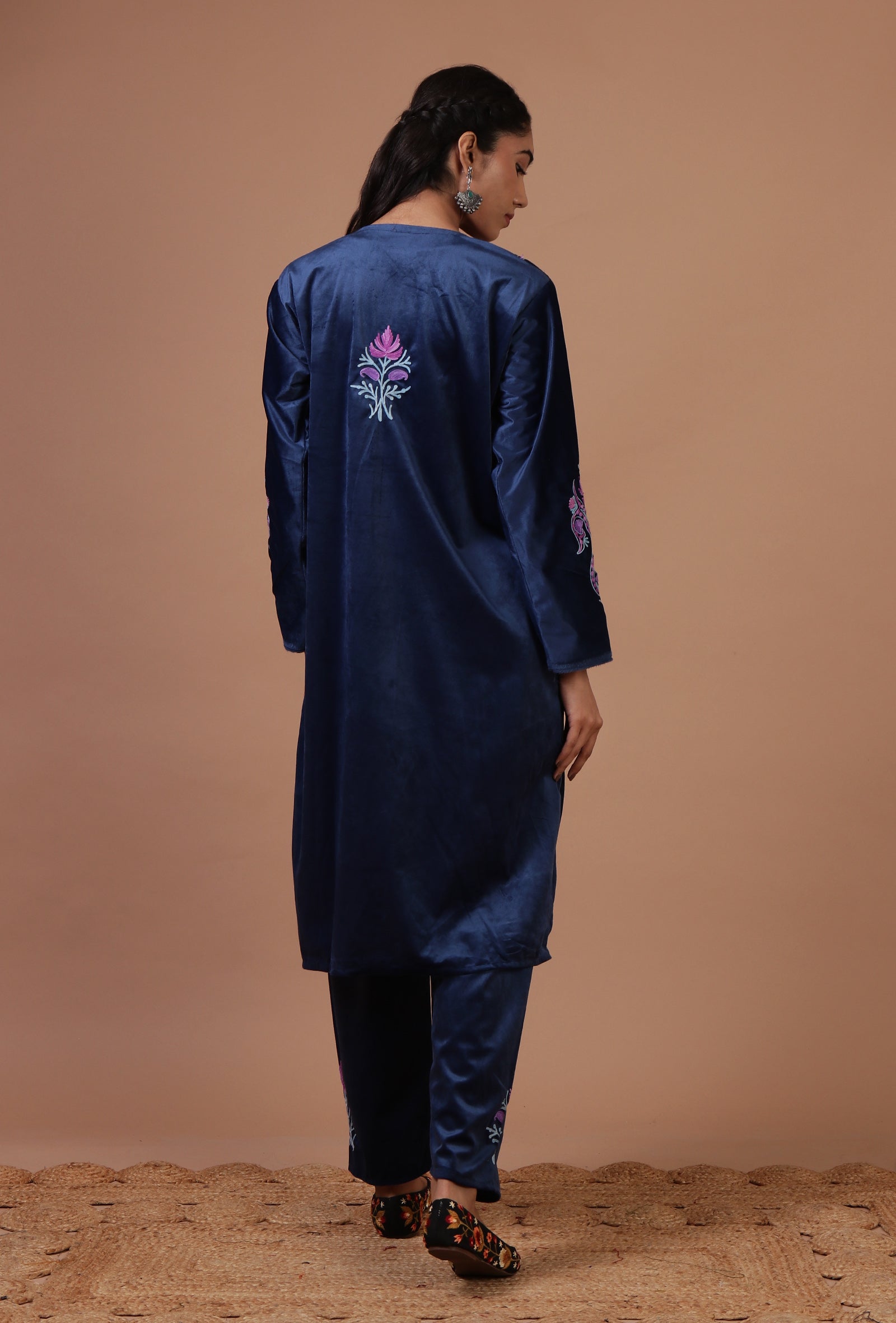 Blue Zodiac Velvet Ari Embroidered Kurta & Pant Set- Free Size