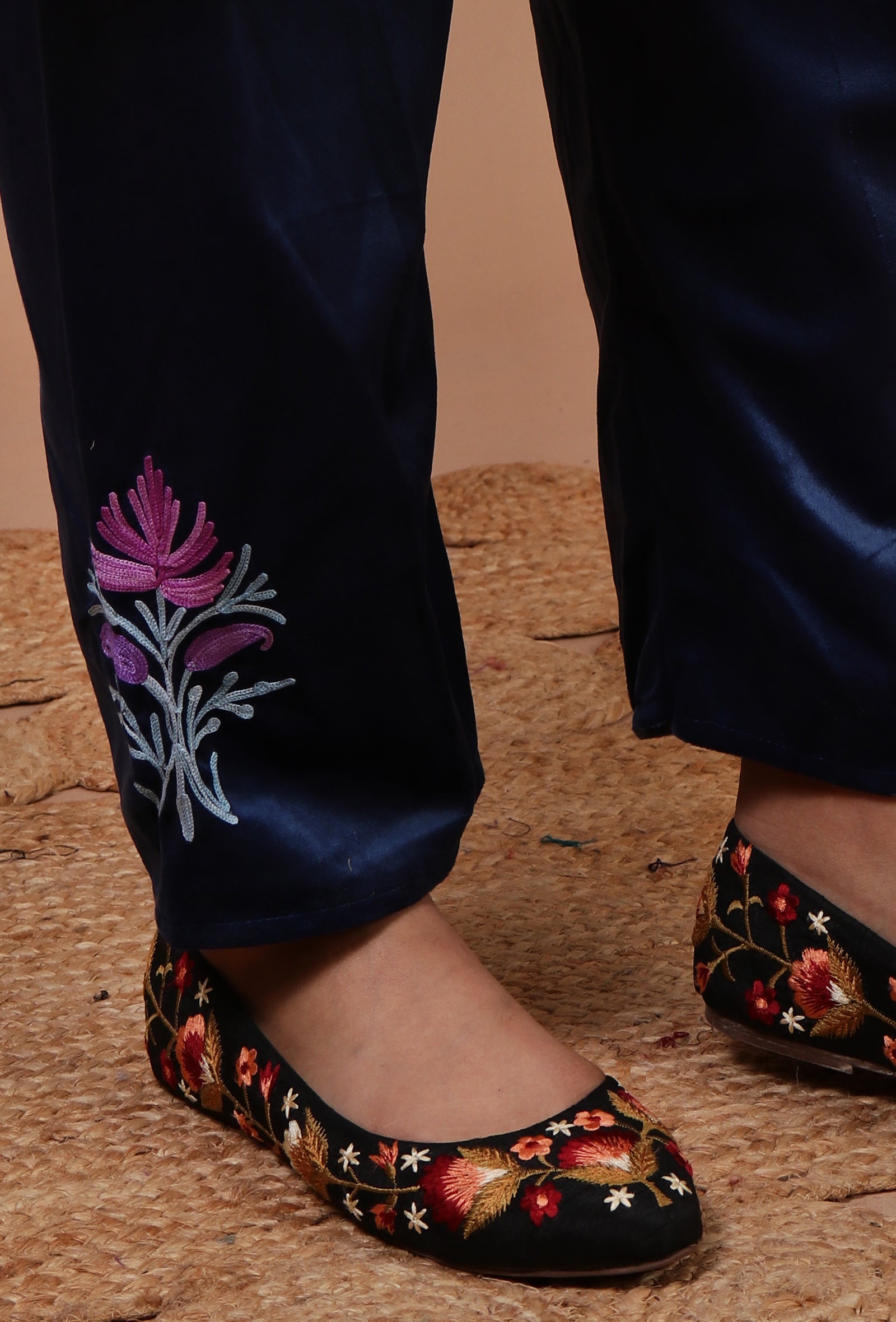 Blue Zodiac Velvet Ari Embroidered Kurta & Pant Set- Free Size