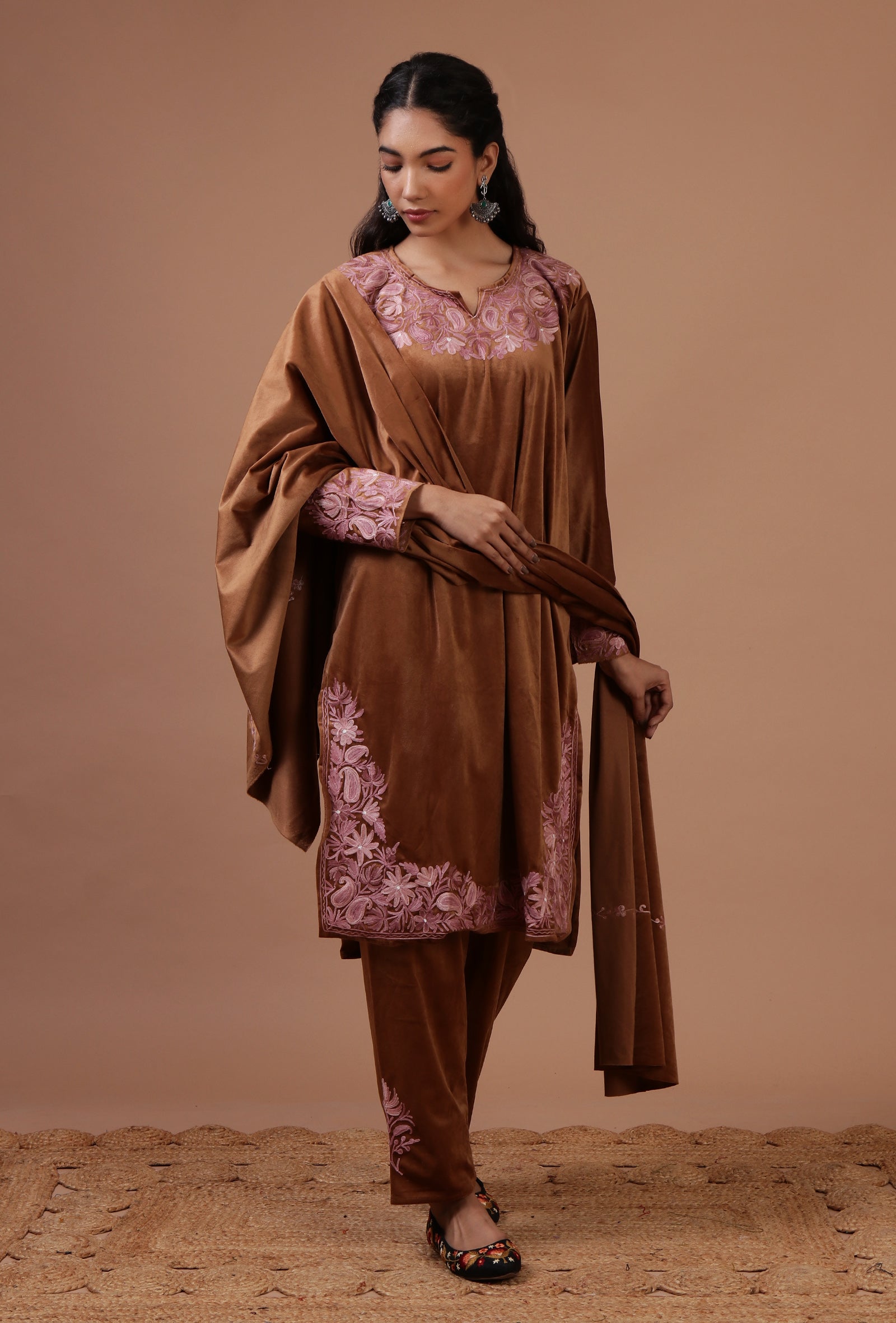 Chocolate Brown Velvet Ari Embroidered Kurta, Pant And Dupatta Set- Free Size