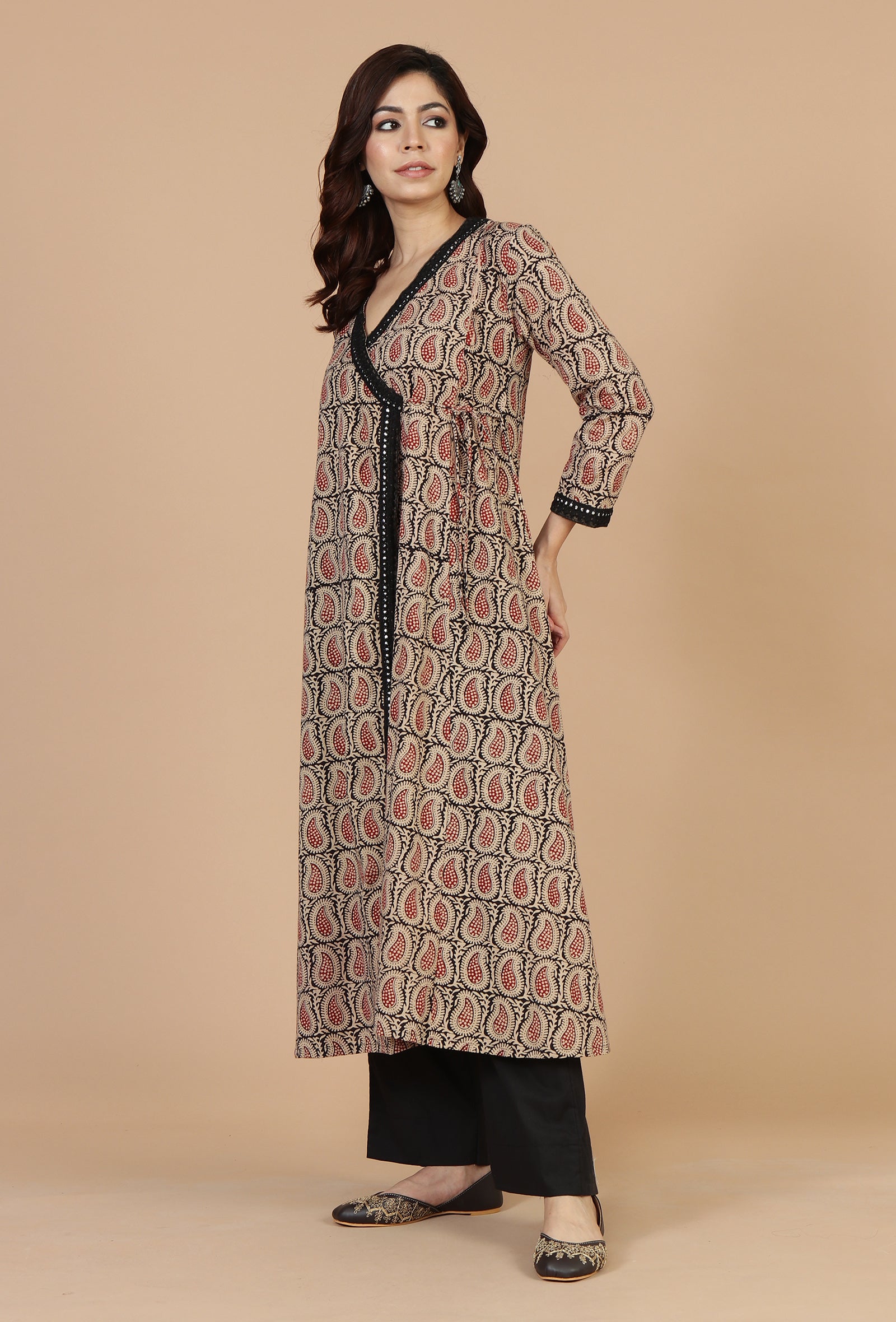 Baagh Hand Block Printed Angrakha Kurta with Lace Accents