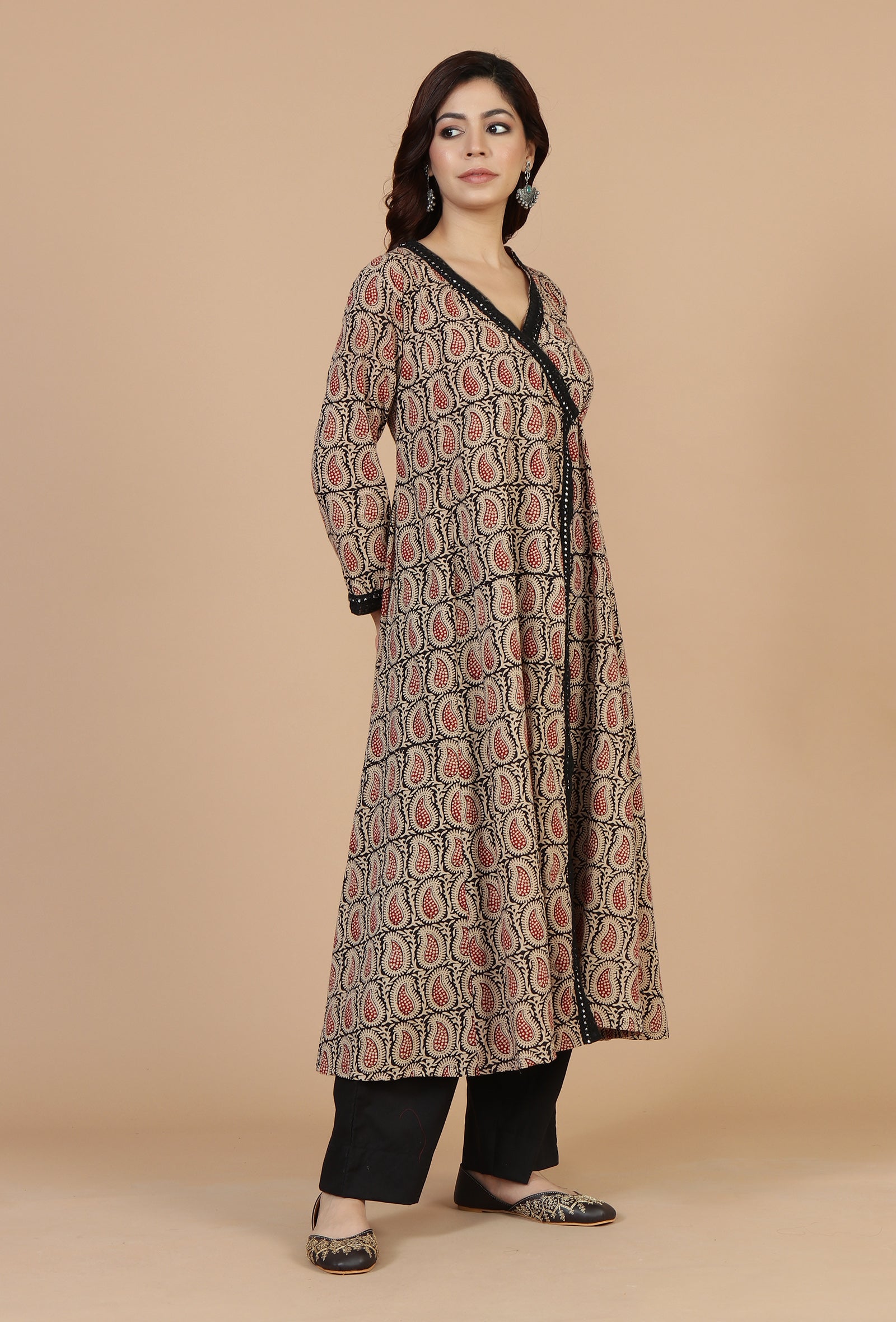 Baagh Hand Block Printed Angrakha Kurta with Lace Accents
