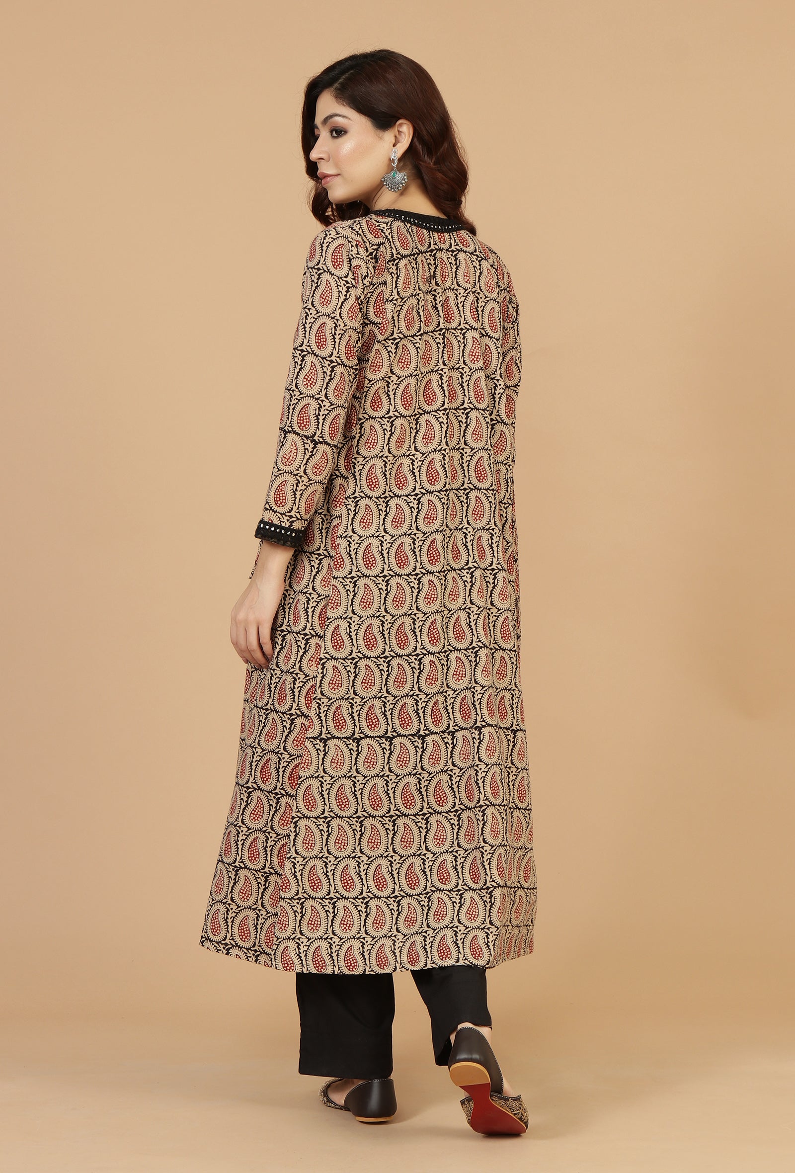 Baagh Hand Block Printed Angrakha Kurta with Lace Accents