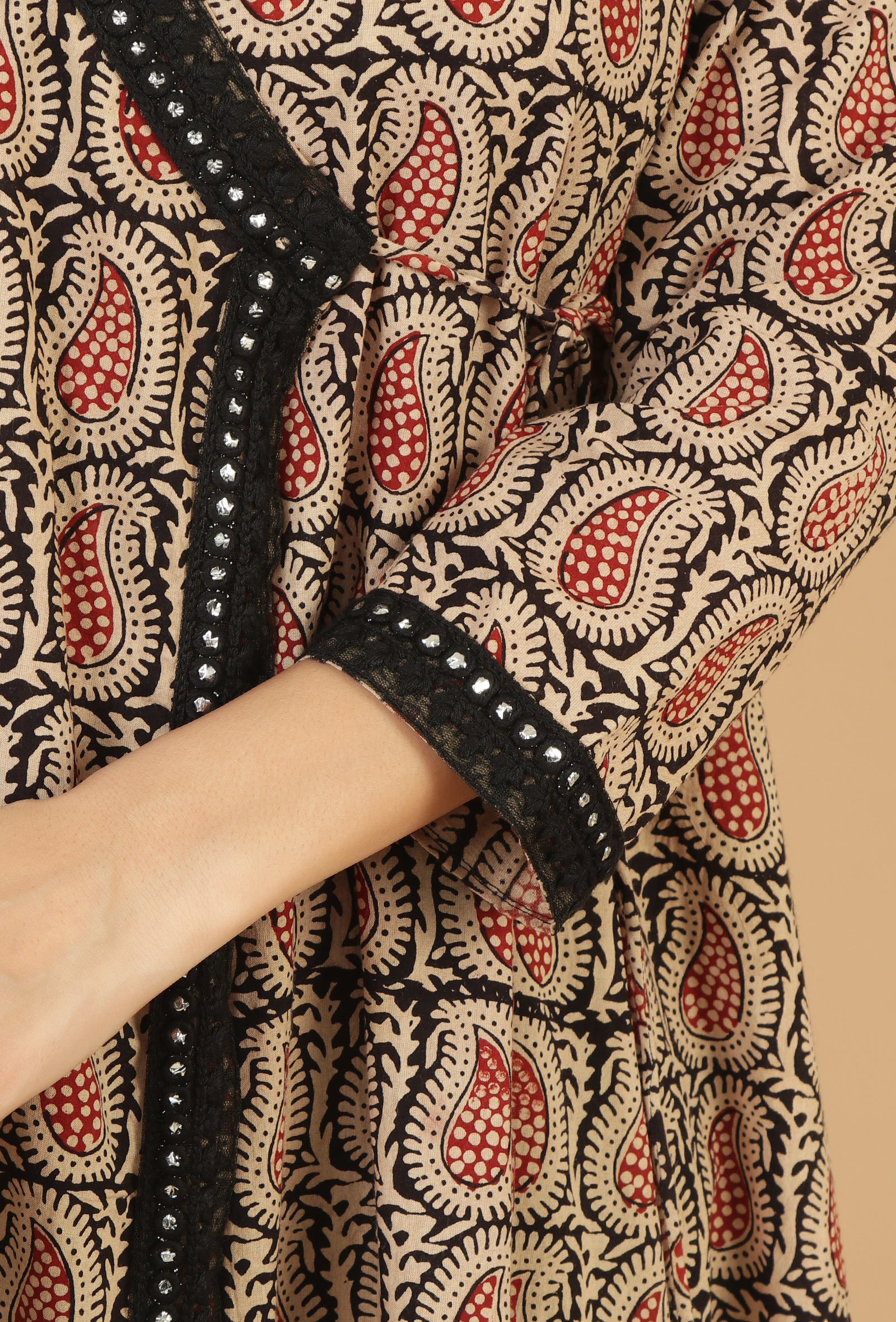 Baagh Hand Block Printed Angrakha Kurta with Lace Accents