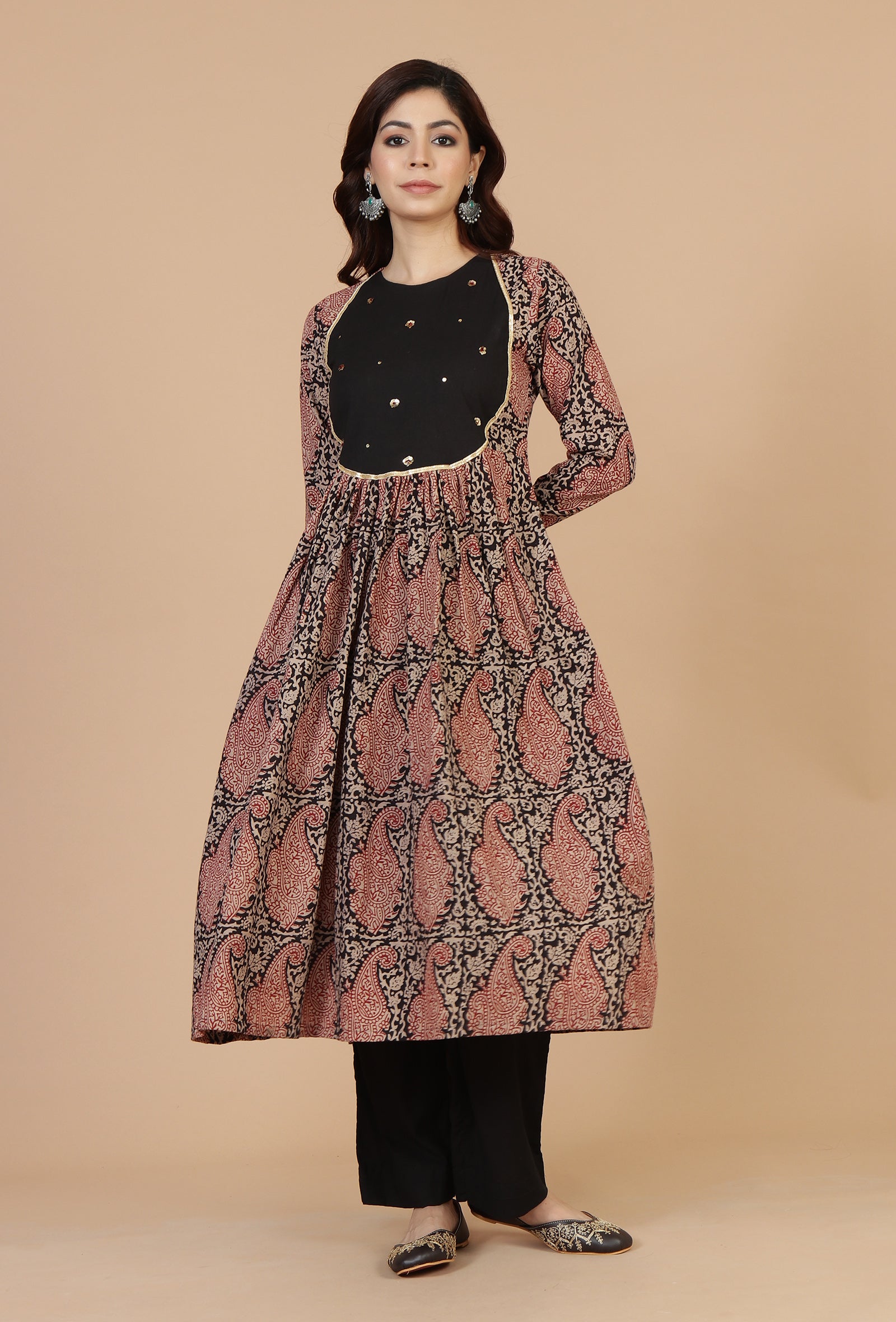 Baagh Print Gathered Dress with Lace & Handwork
