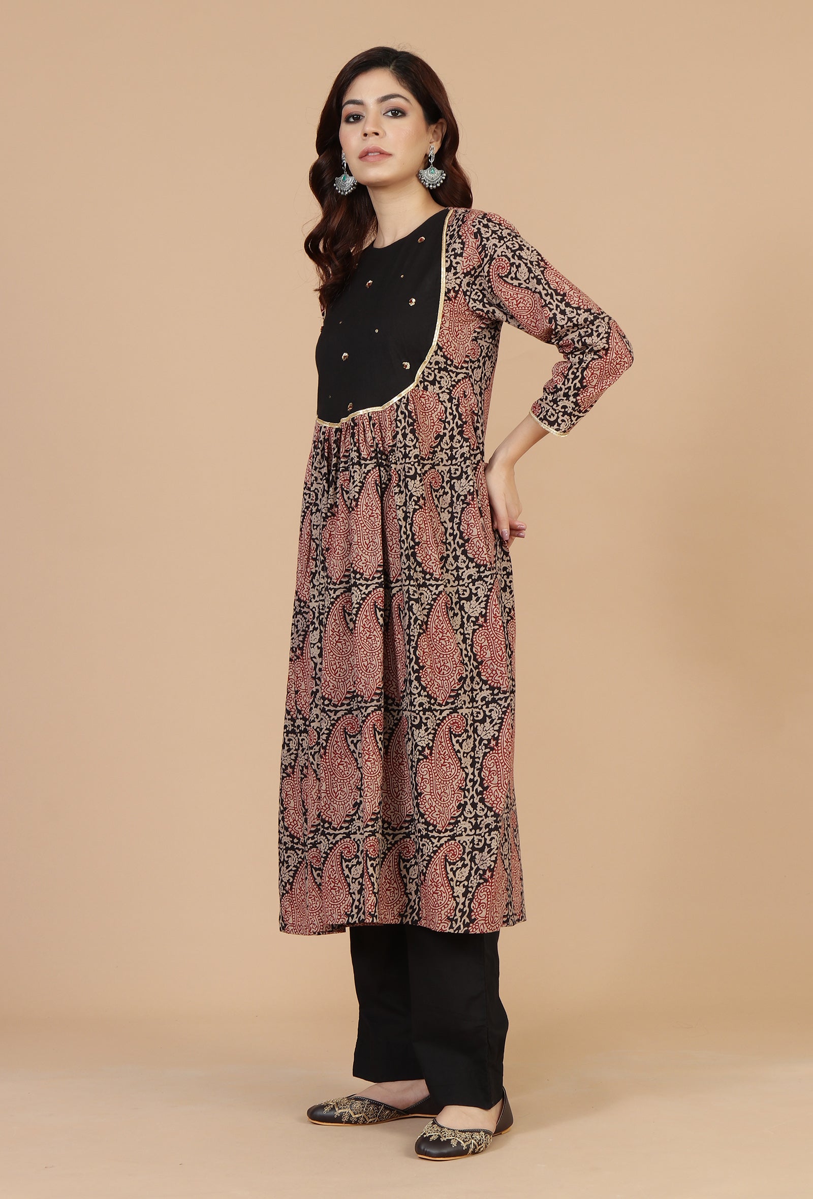 Baagh Print Gathered Dress with Lace & Handwork