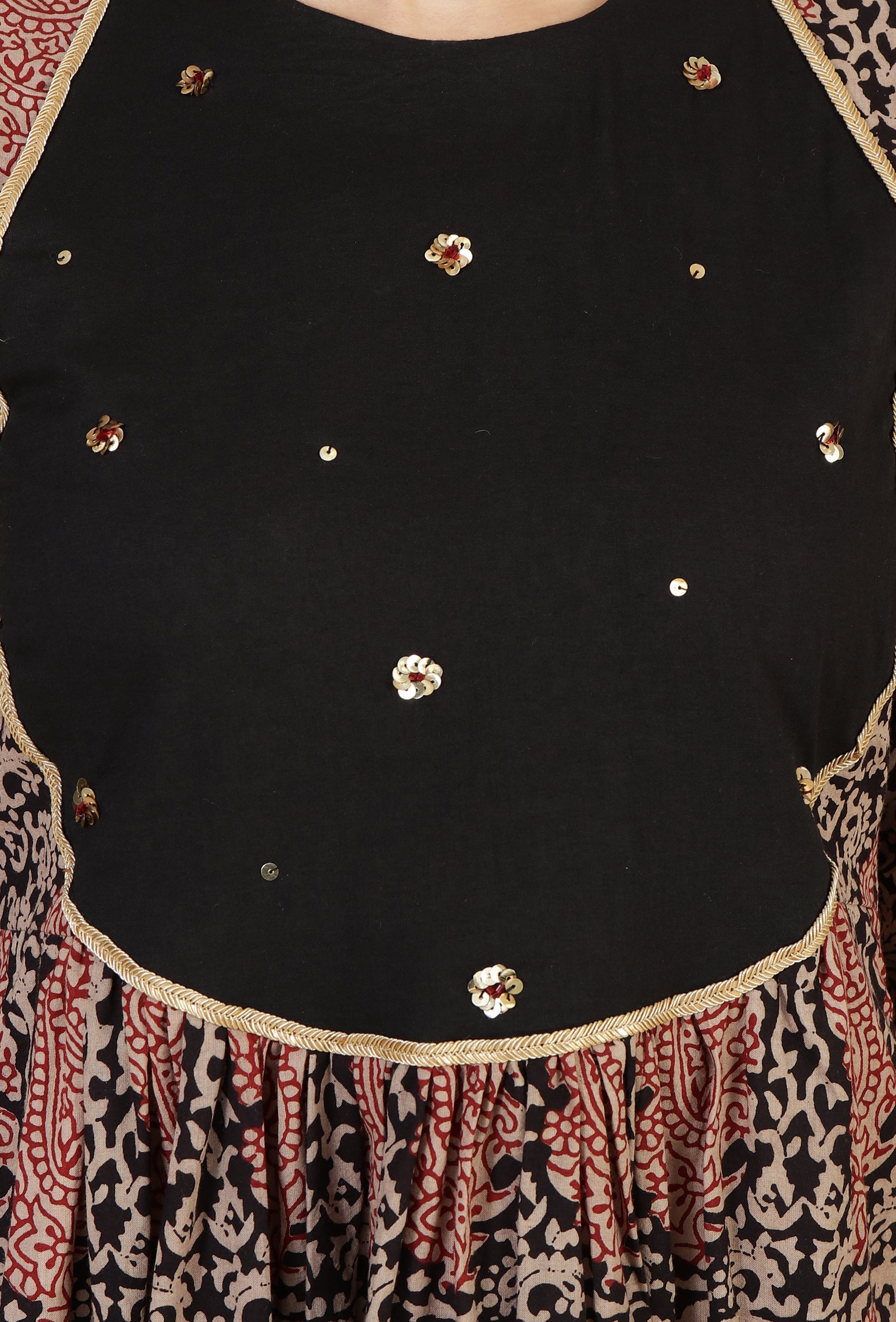 Baagh Print Gathered Dress with Lace & Handwork