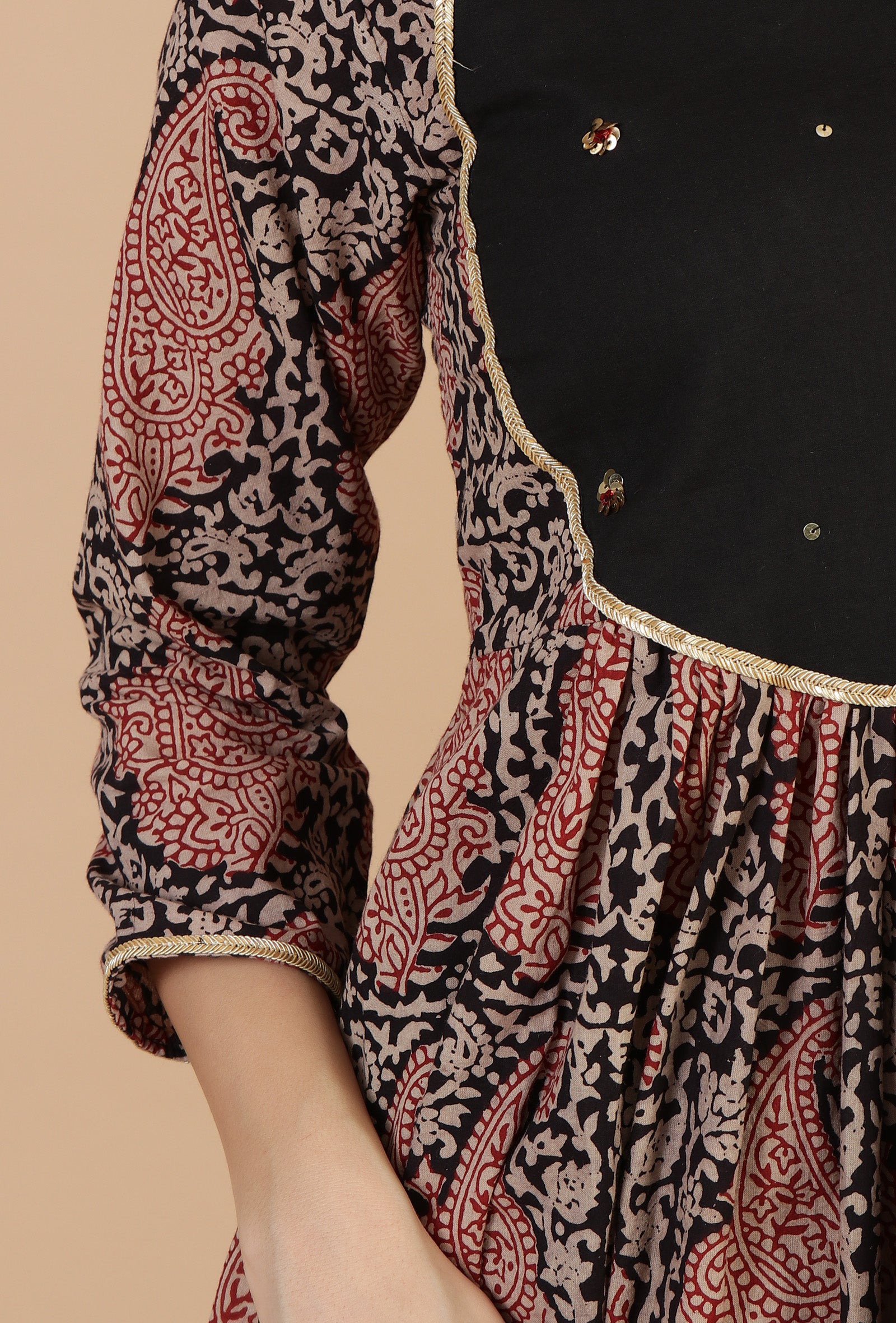 Baagh Print Gathered Dress with Lace & Handwork