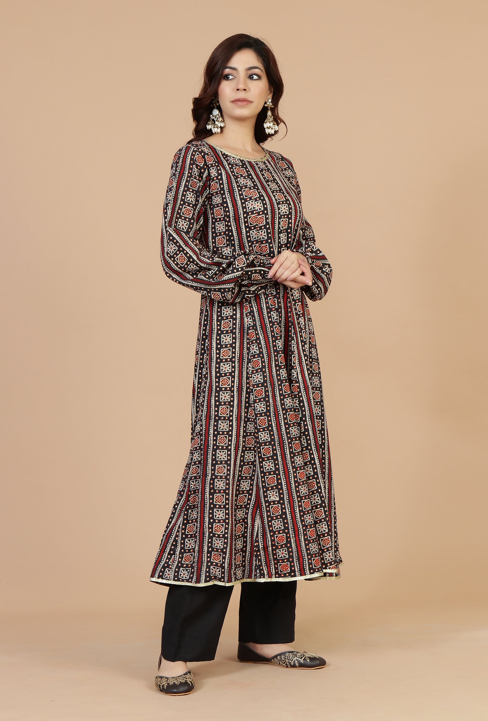 Ajrakh-Inspired Flared Kurta with Lace work Detailing