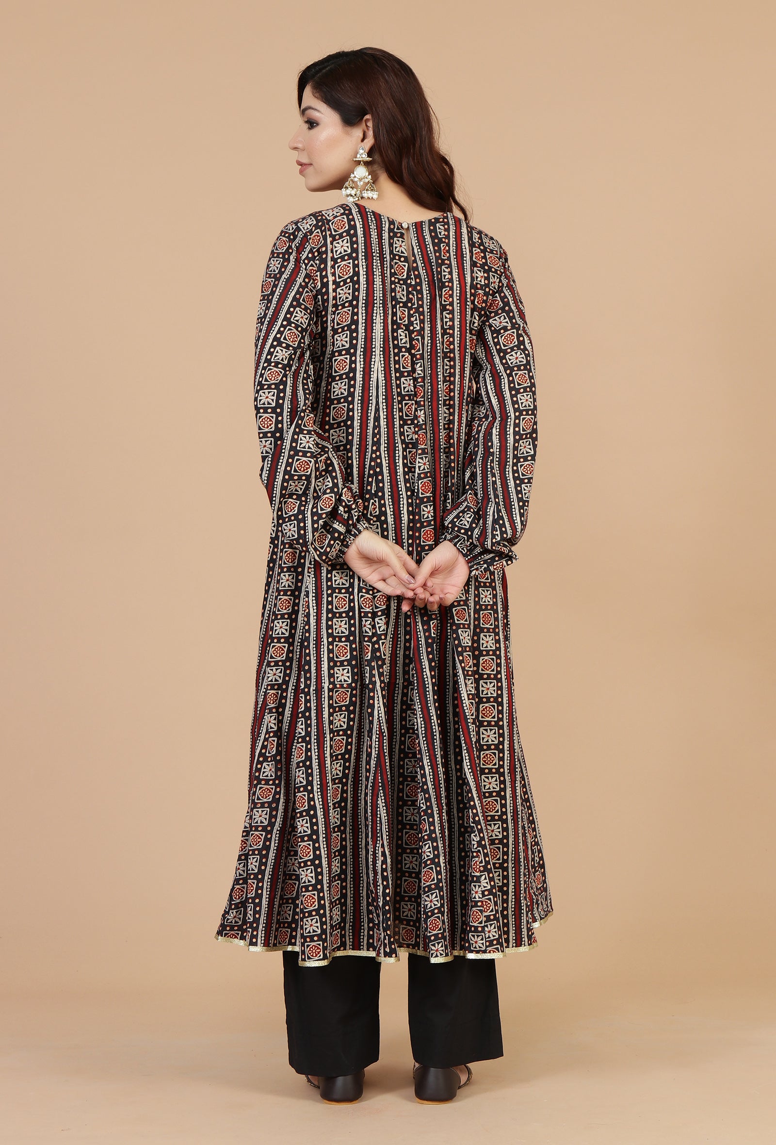 Ajrakh-Inspired Flared Kurta with Lace work Detailing