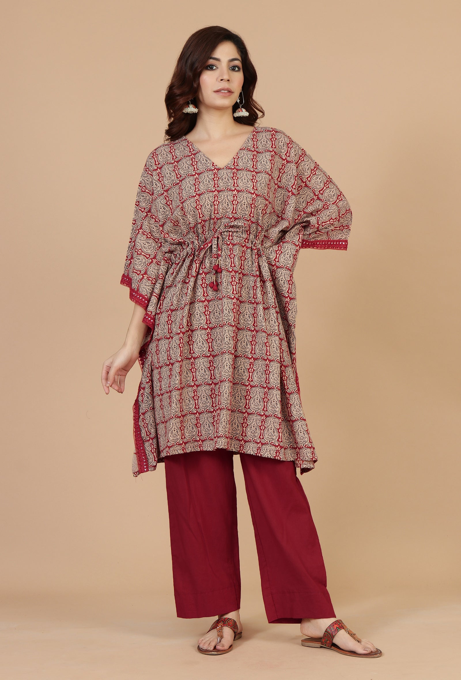 Set of 2: Block Printed Kaftan Kurta with Red Cotton Pants