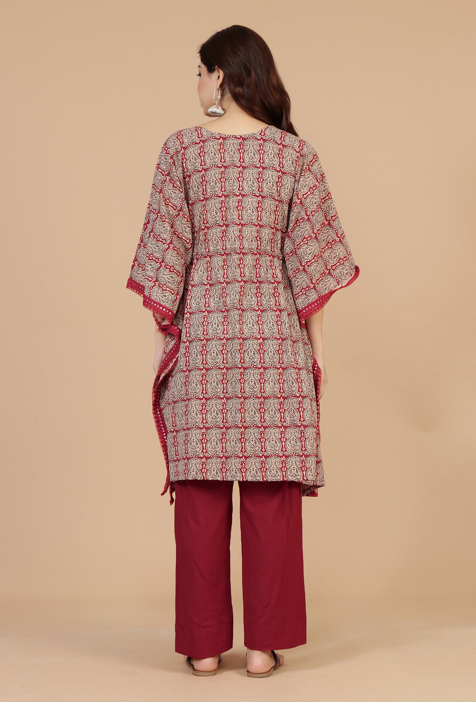 Set of 2: Block Printed Kaftan Kurta with Red Cotton Pants