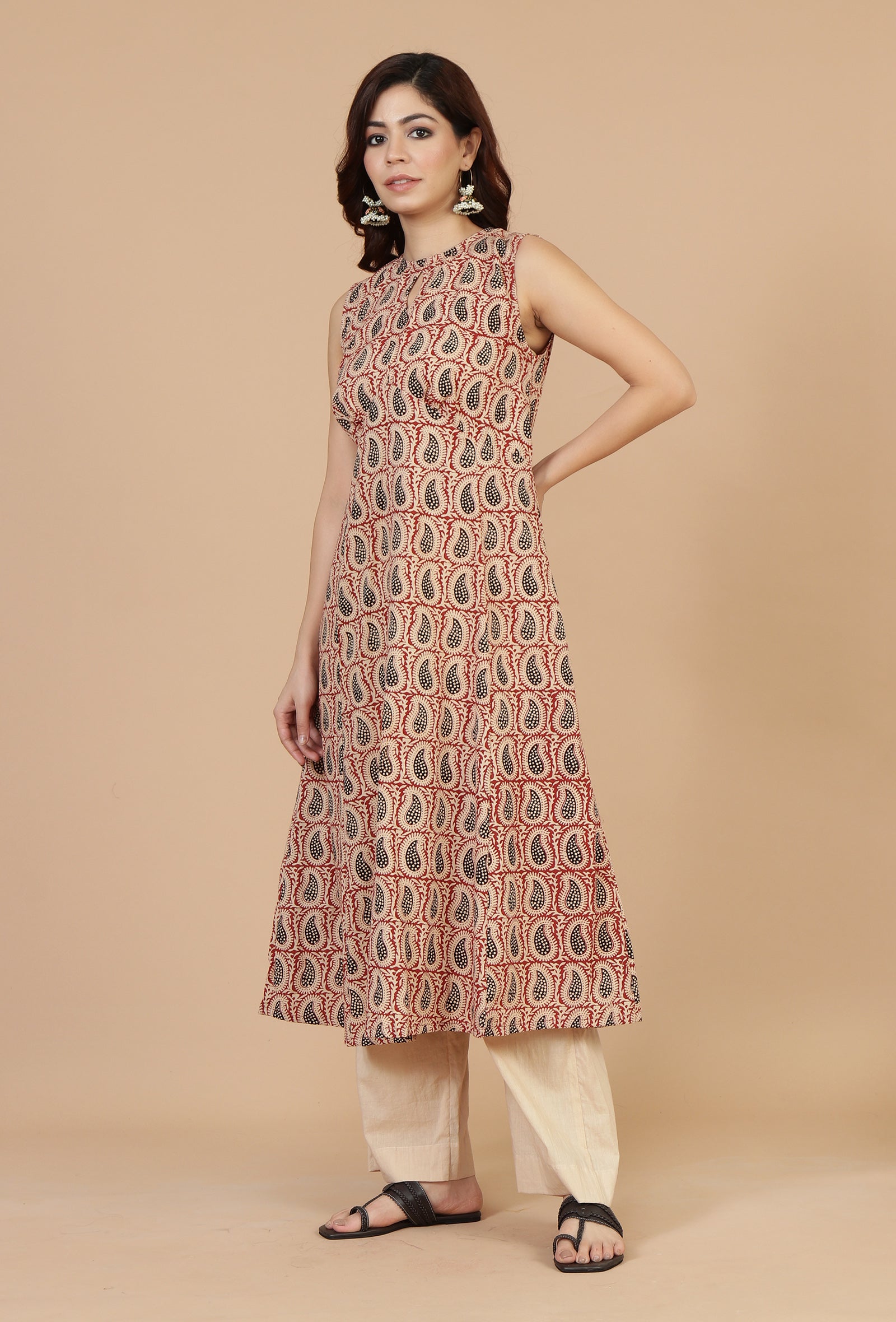 Baagh Hand Block Printed Sleeveless A-Line Kurta