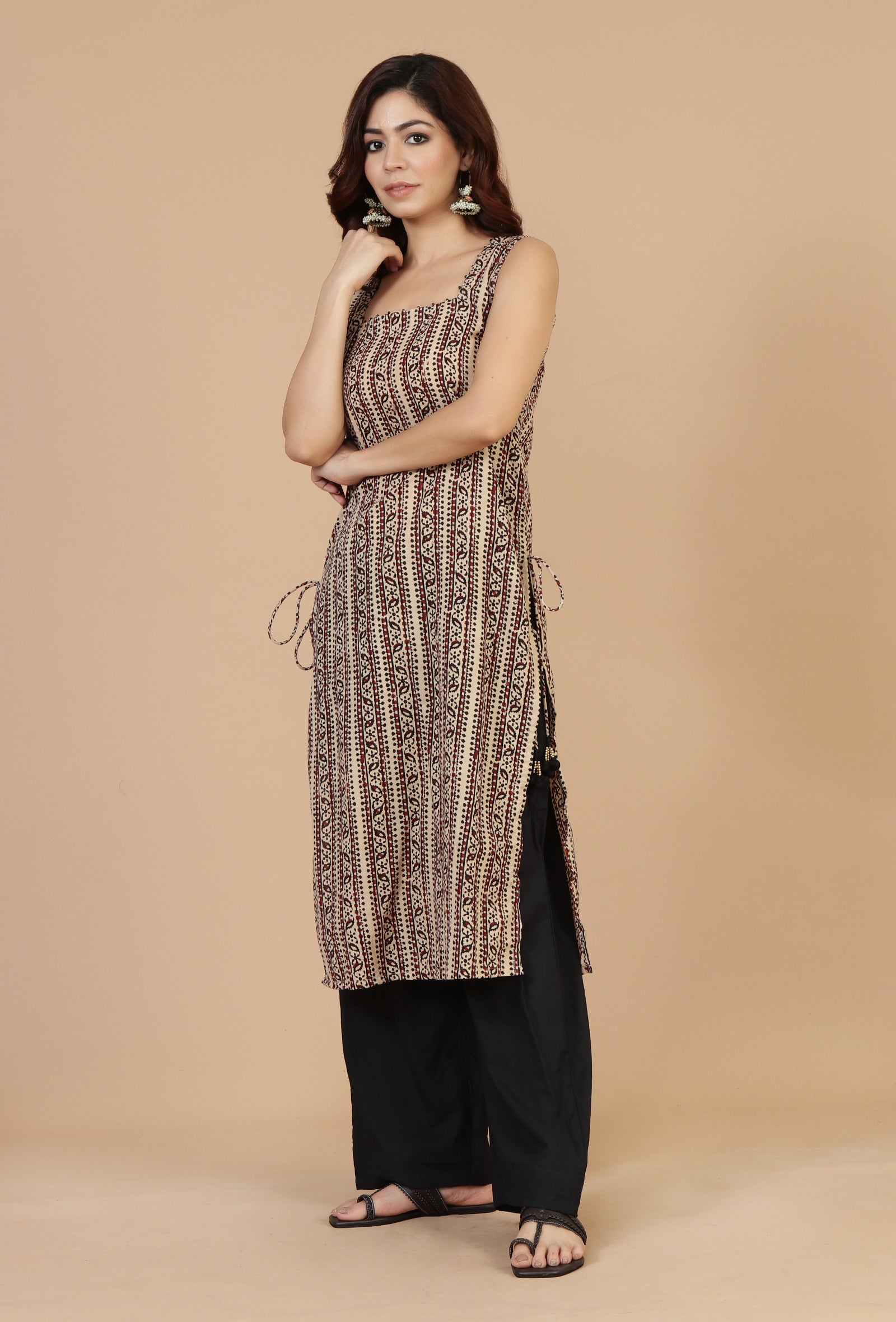 Baagh Printed Straight Cotton Kurta with Side Tie-Ups