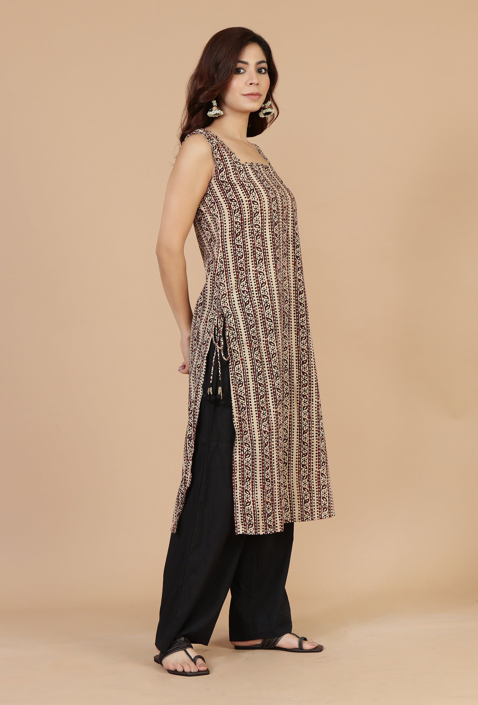 Baagh Printed Straight Cotton Kurta with Side Tie-Ups