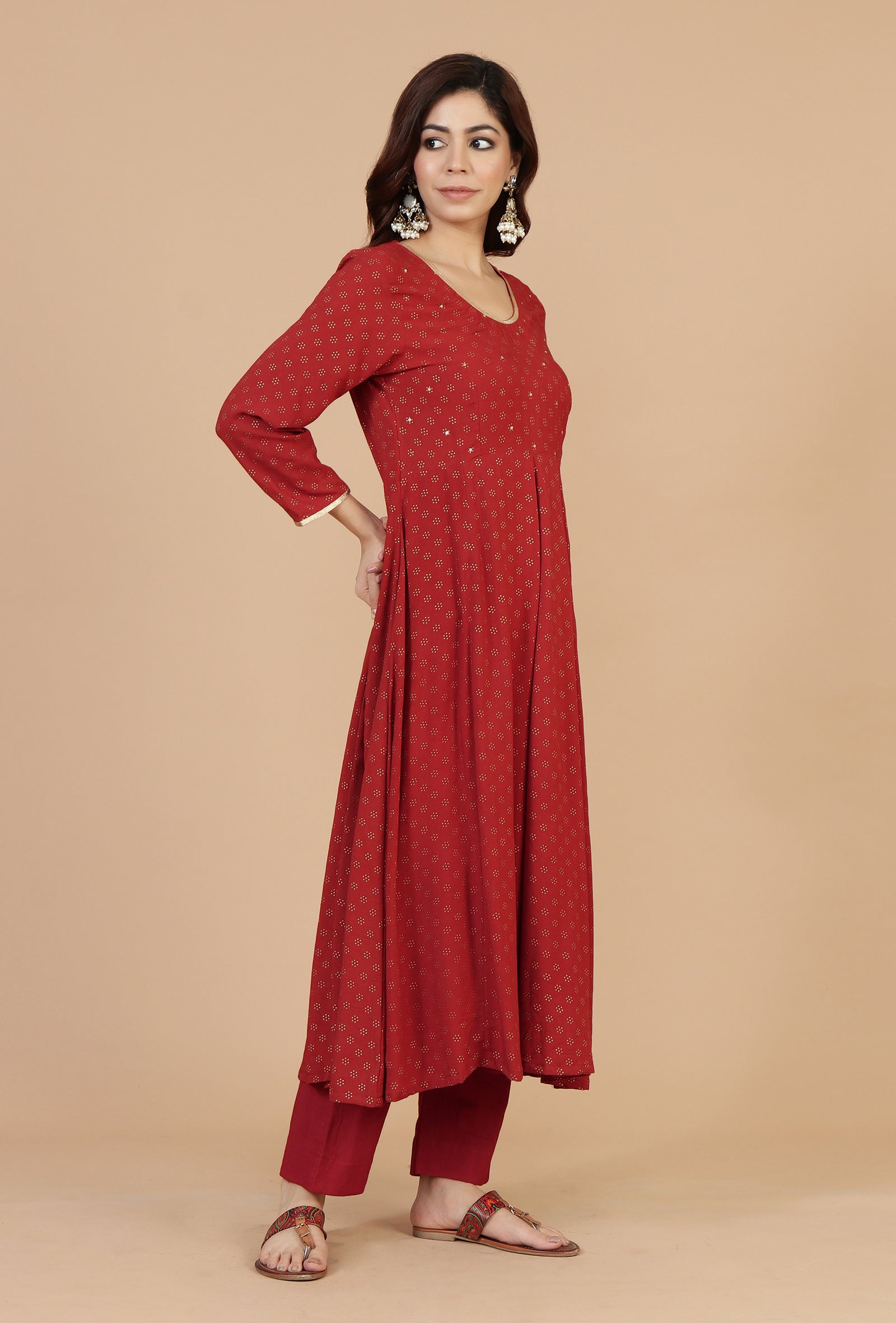 Set of 2: Maroon Rayon Hand Block Printed Flared Kurta & Solid Cotton Pants