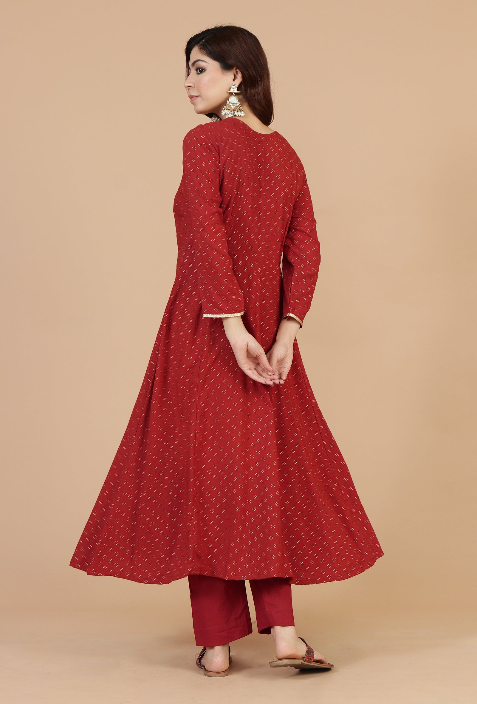 Set of 2: Maroon Rayon Hand Block Printed Flared Kurta & Solid Cotton Pants