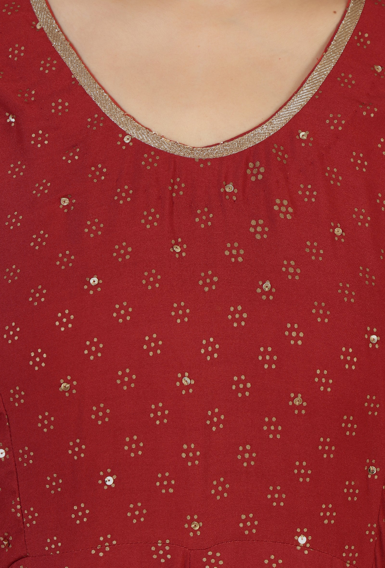 Set of 2: Maroon Rayon Hand Block Printed Flared Kurta & Solid Cotton Pants