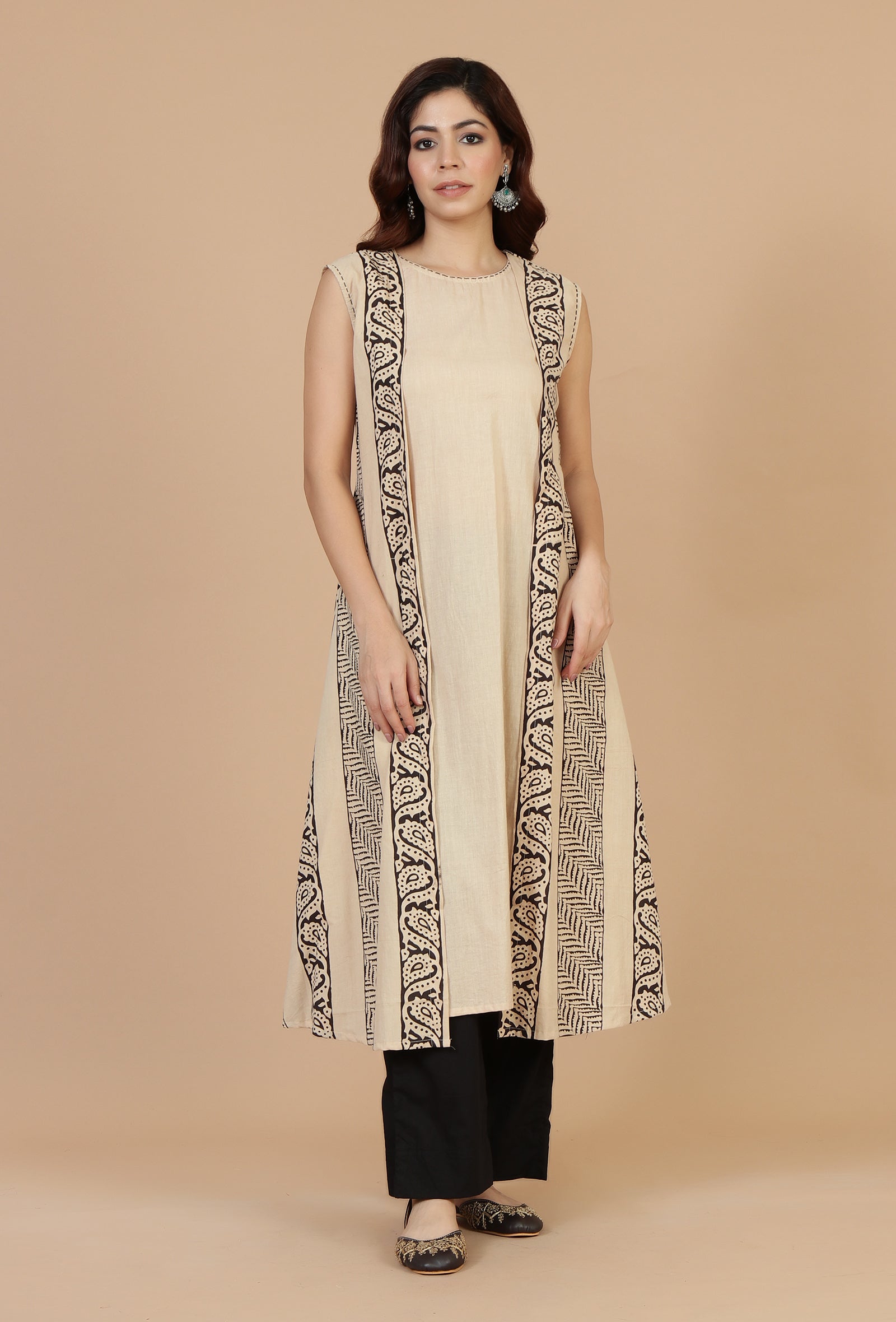 Beige Ivory Handblock Printed Overlay