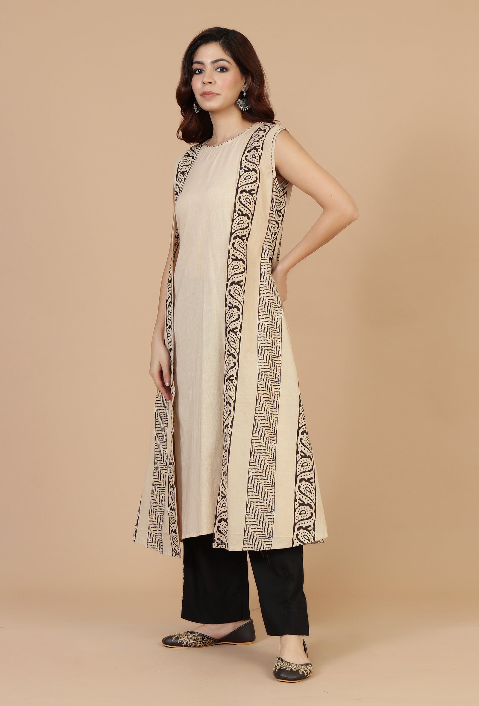 Beige Ivory Handblock Printed Overlay