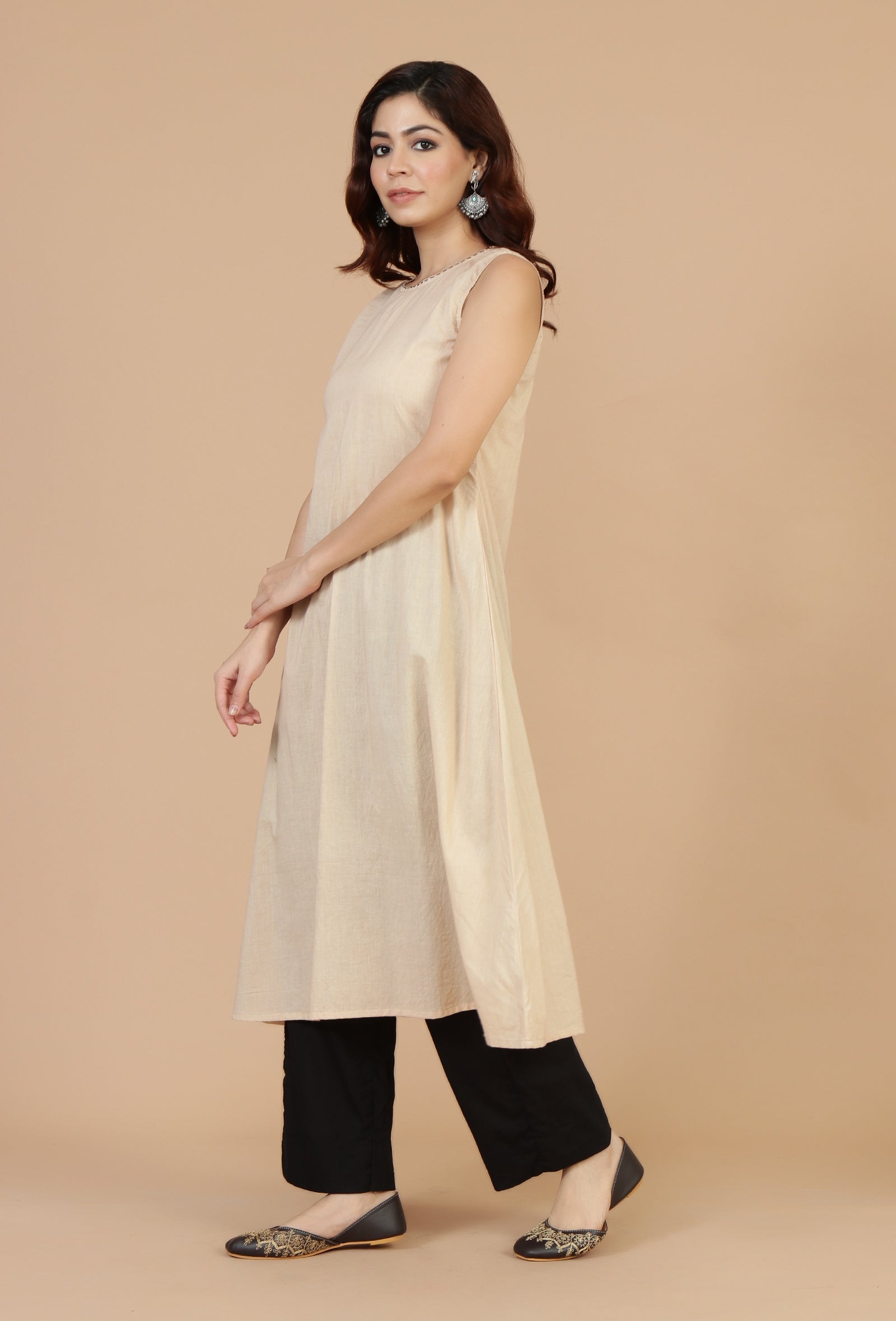 Beige Ivory Sleeveless Cotton Slip Kurta