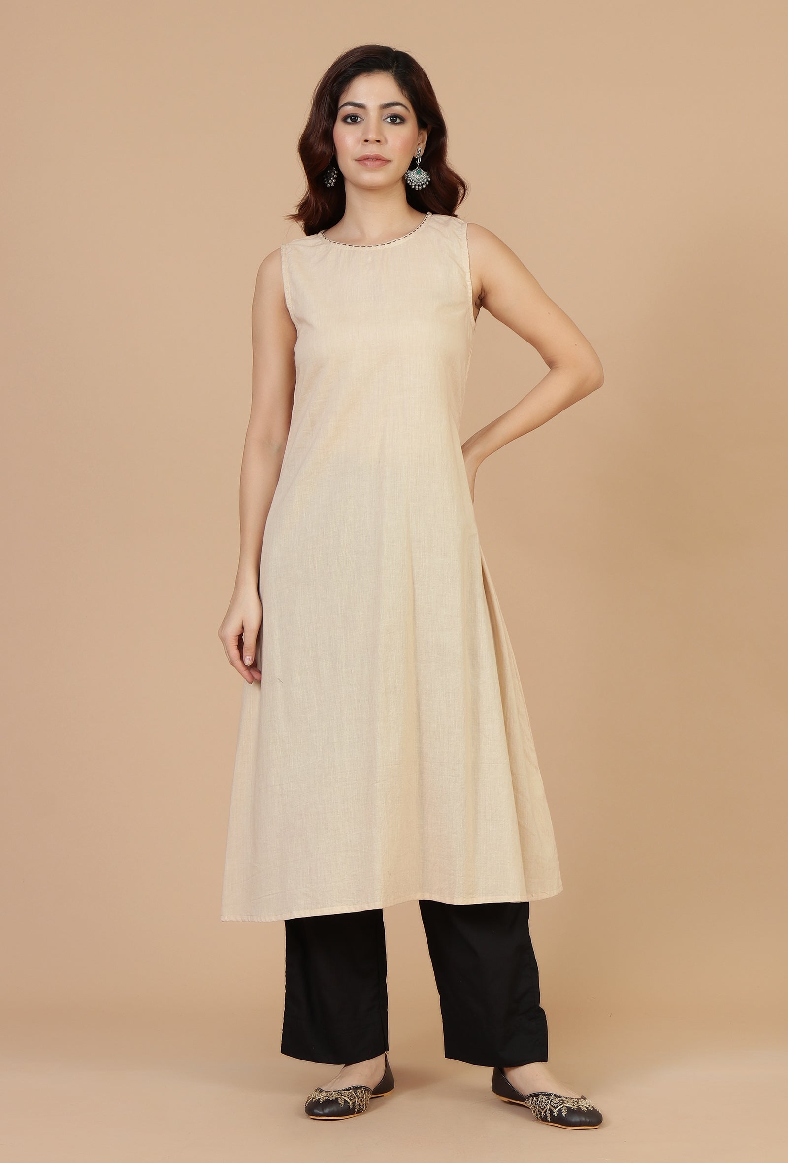 Beige Ivory Sleeveless Cotton Slip Kurta
