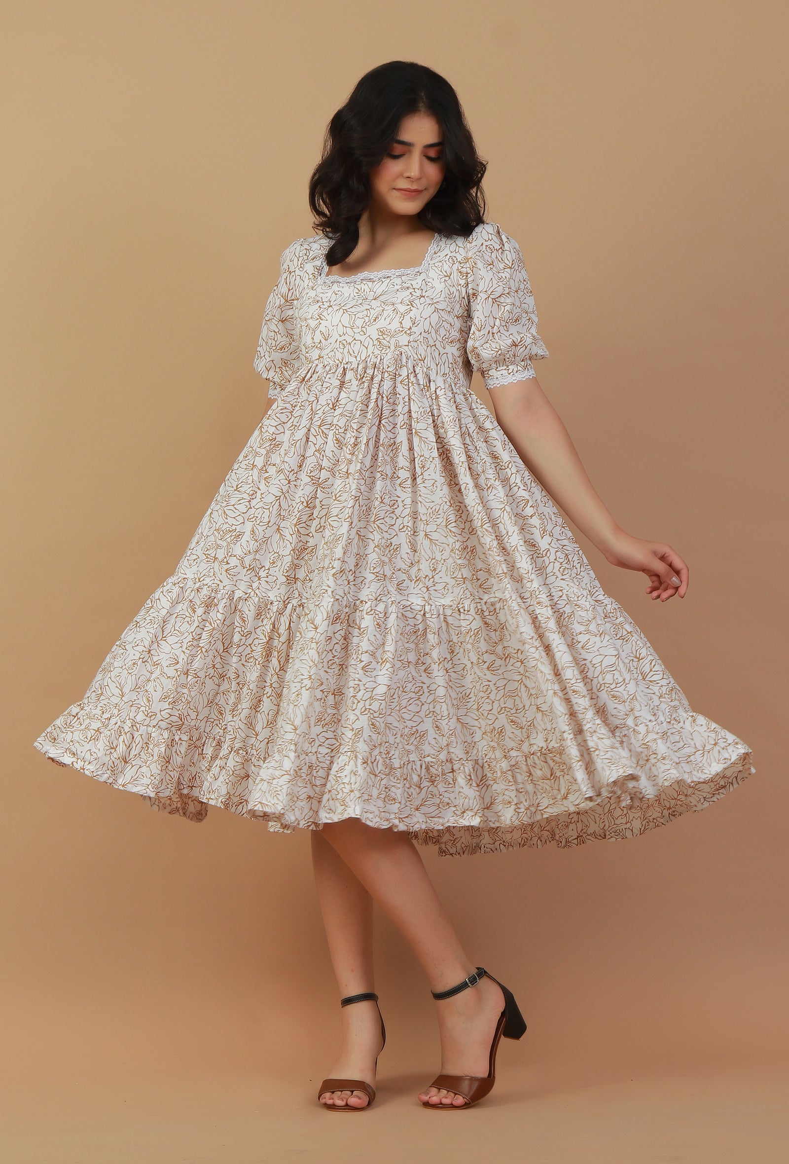 Beige Floral Printed Cotton Fit & Flare Midi Dress