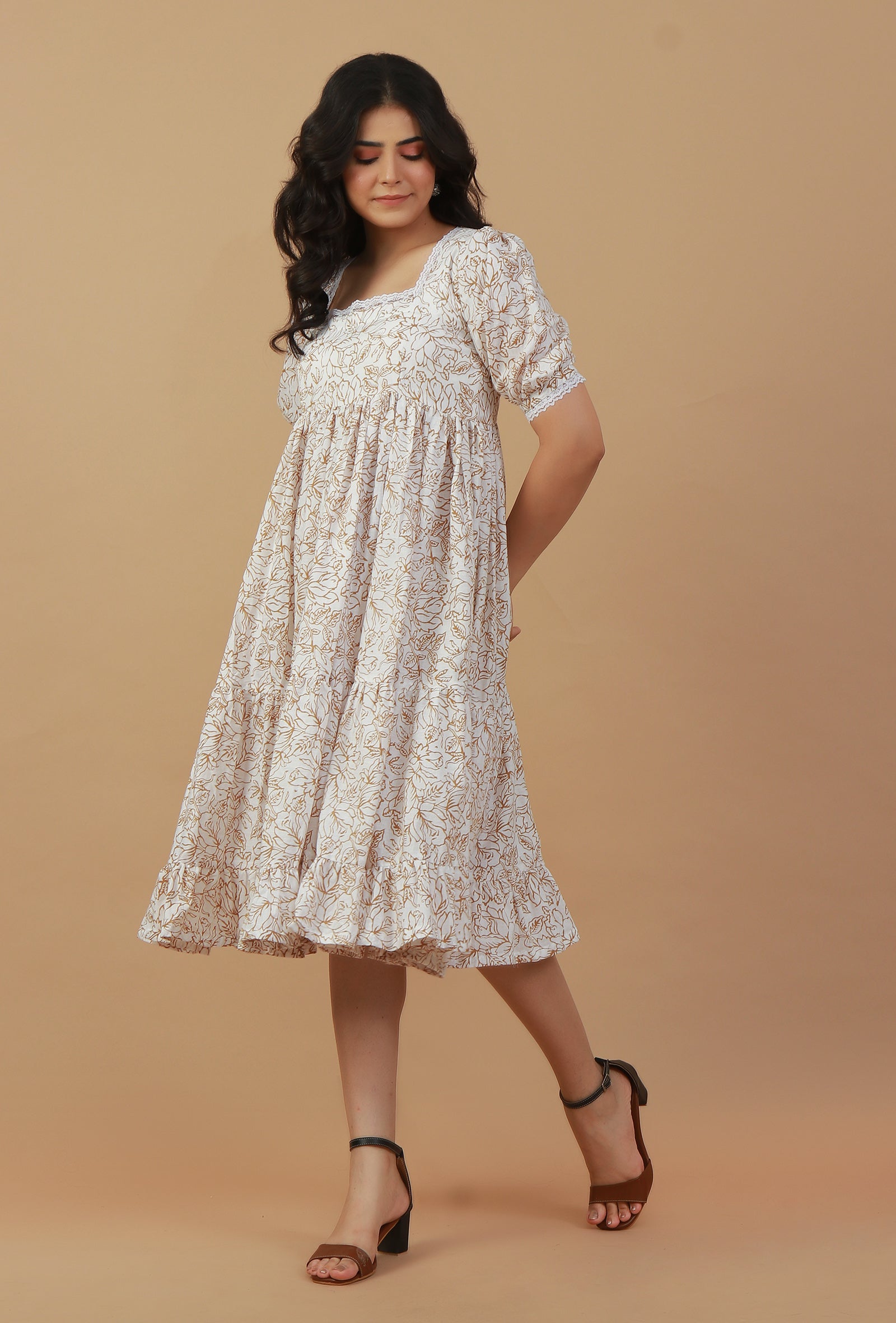 Beige Floral Printed Cotton Fit & Flare Midi Dress