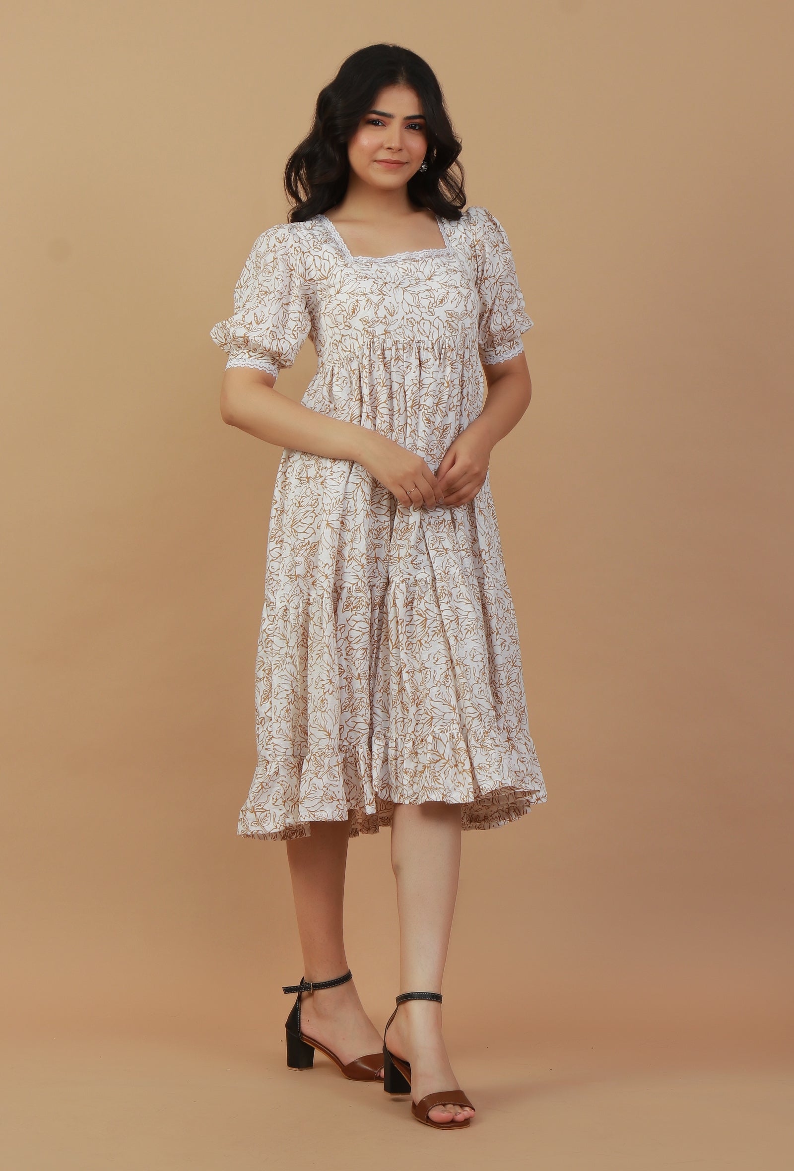 Beige Floral Printed Cotton Fit & Flare Midi Dress