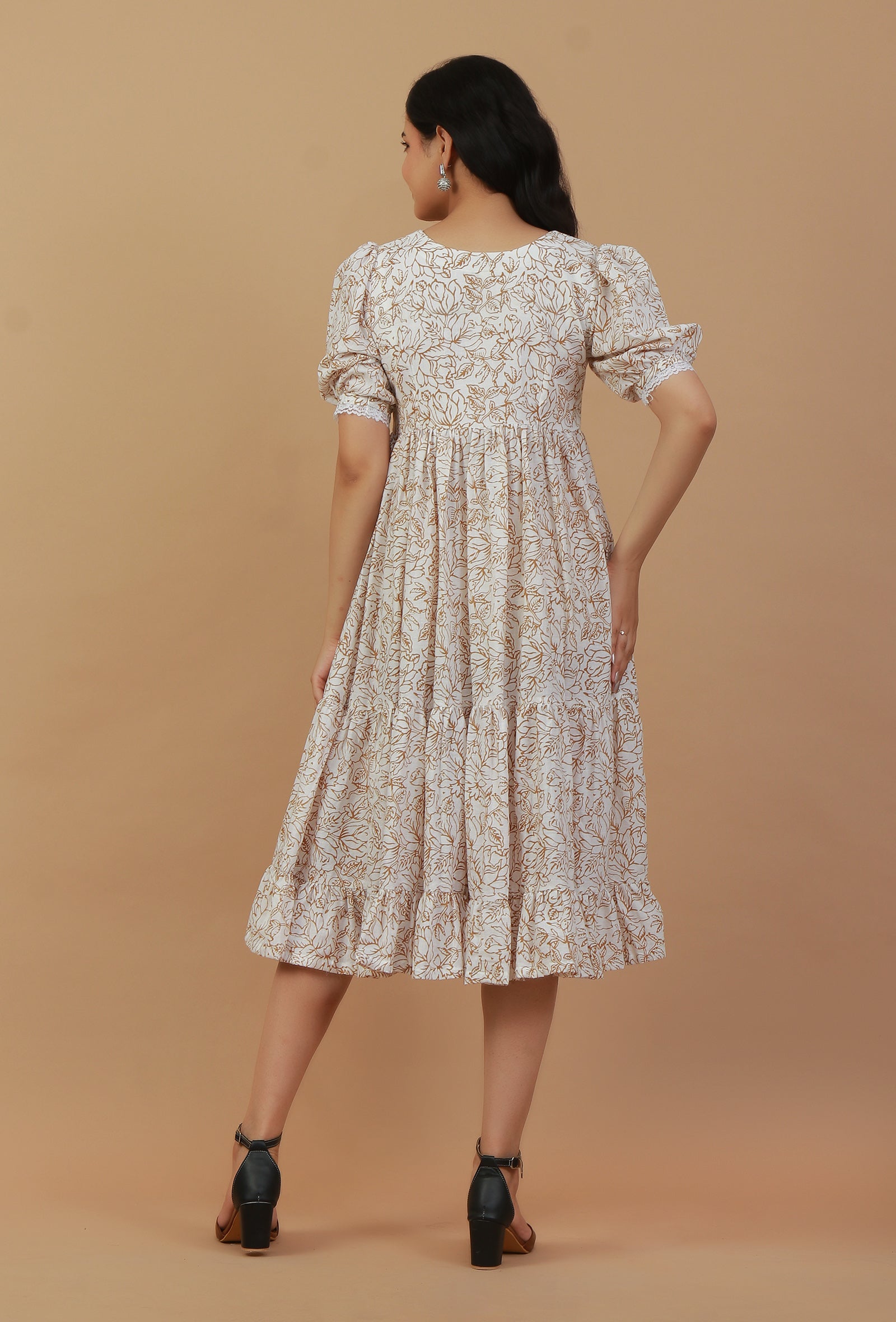 Beige Floral Printed Cotton Fit & Flare Midi Dress