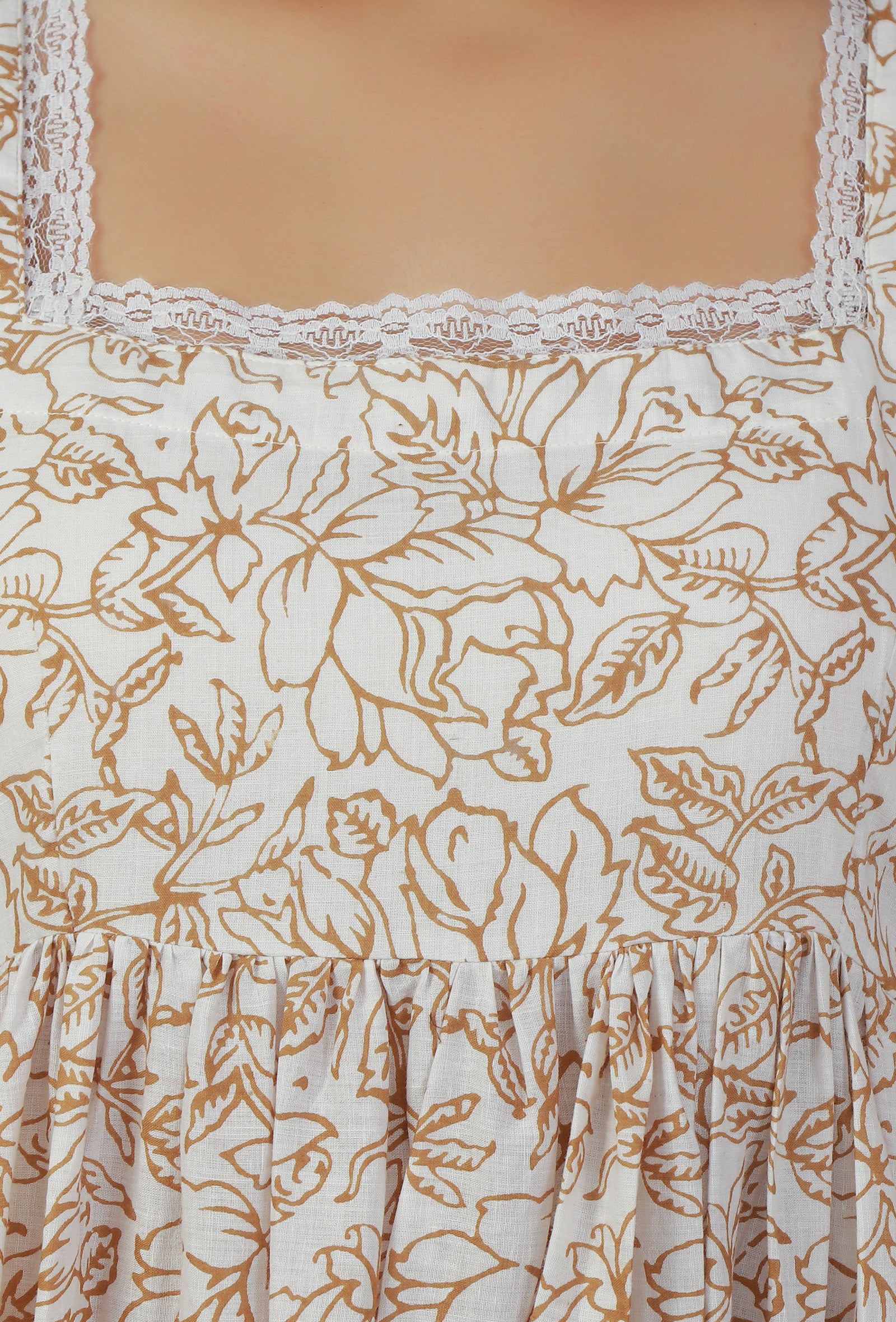 Beige Floral Printed Cotton Fit & Flare Midi Dress