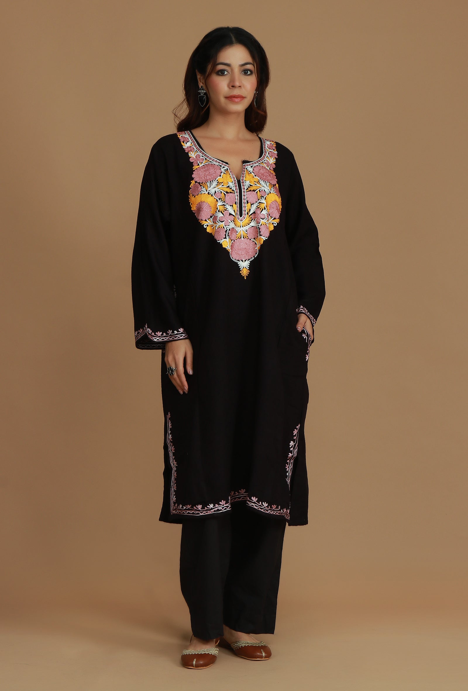 Vibrant Aari Embroidered Black Kashmiri Phiran- Free Size
