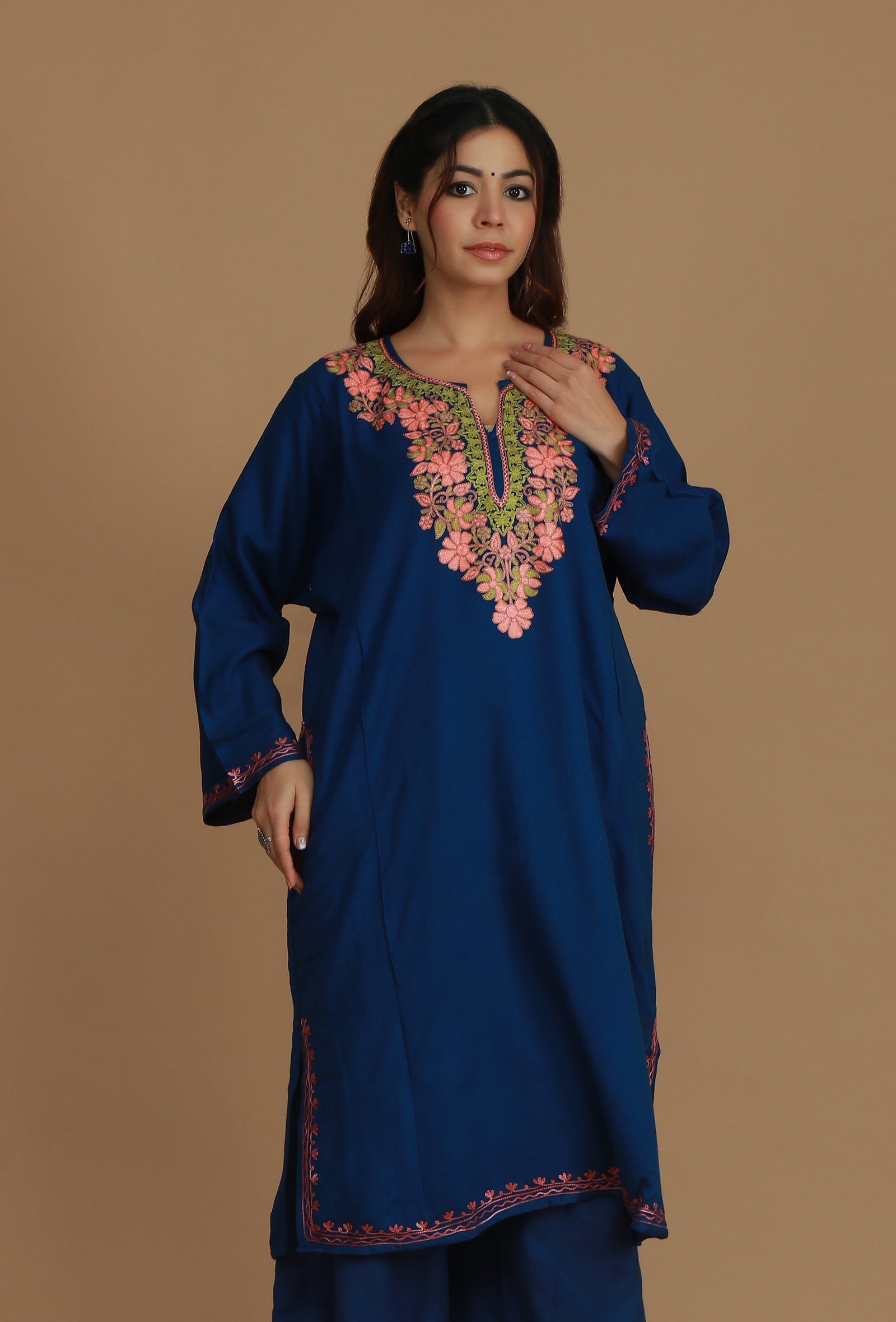 Royal Blue Phiran with Peach & Green Aari Embroidery- Free Size