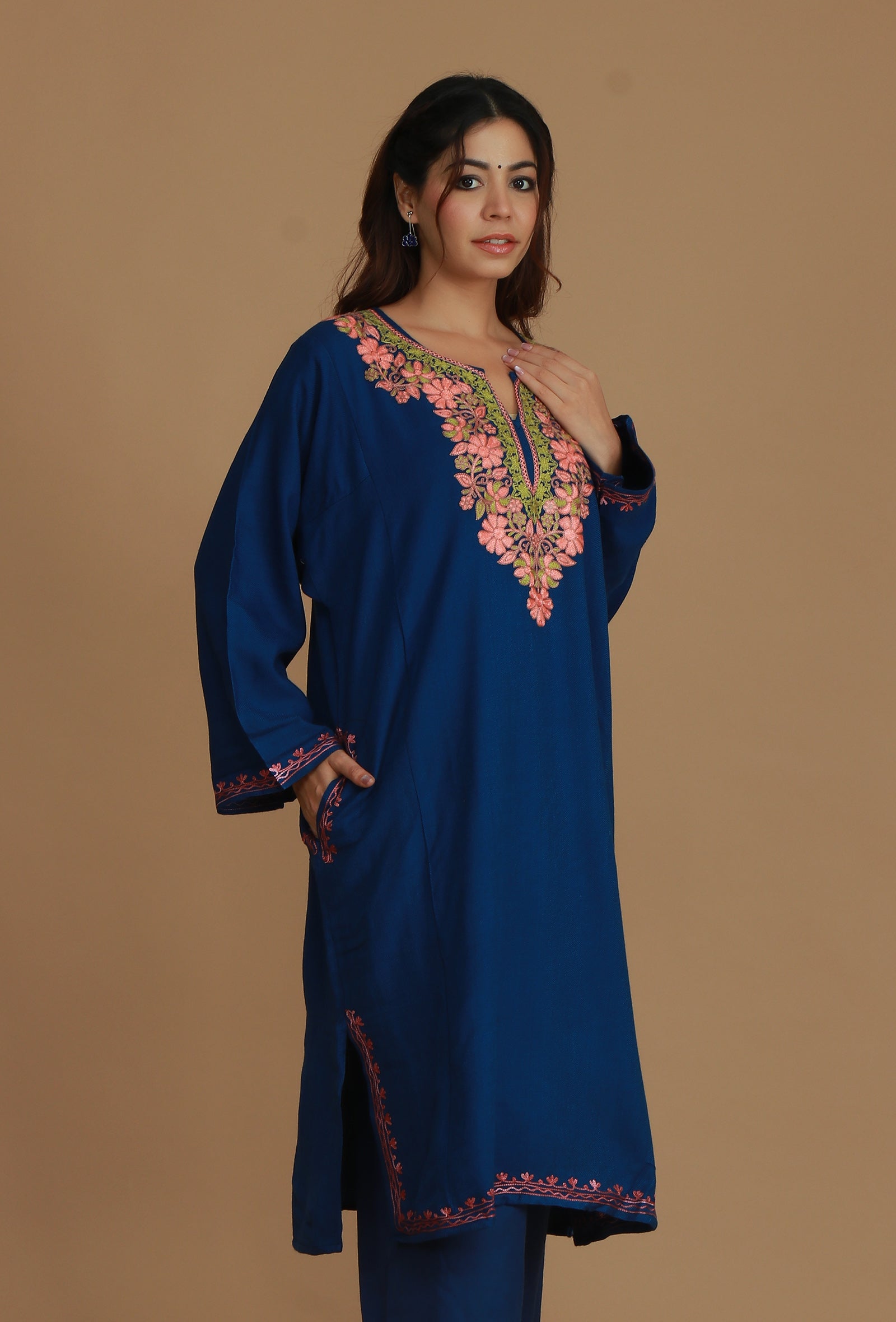 Royal Blue Phiran with Peach & Green Aari Embroidery- Free Size