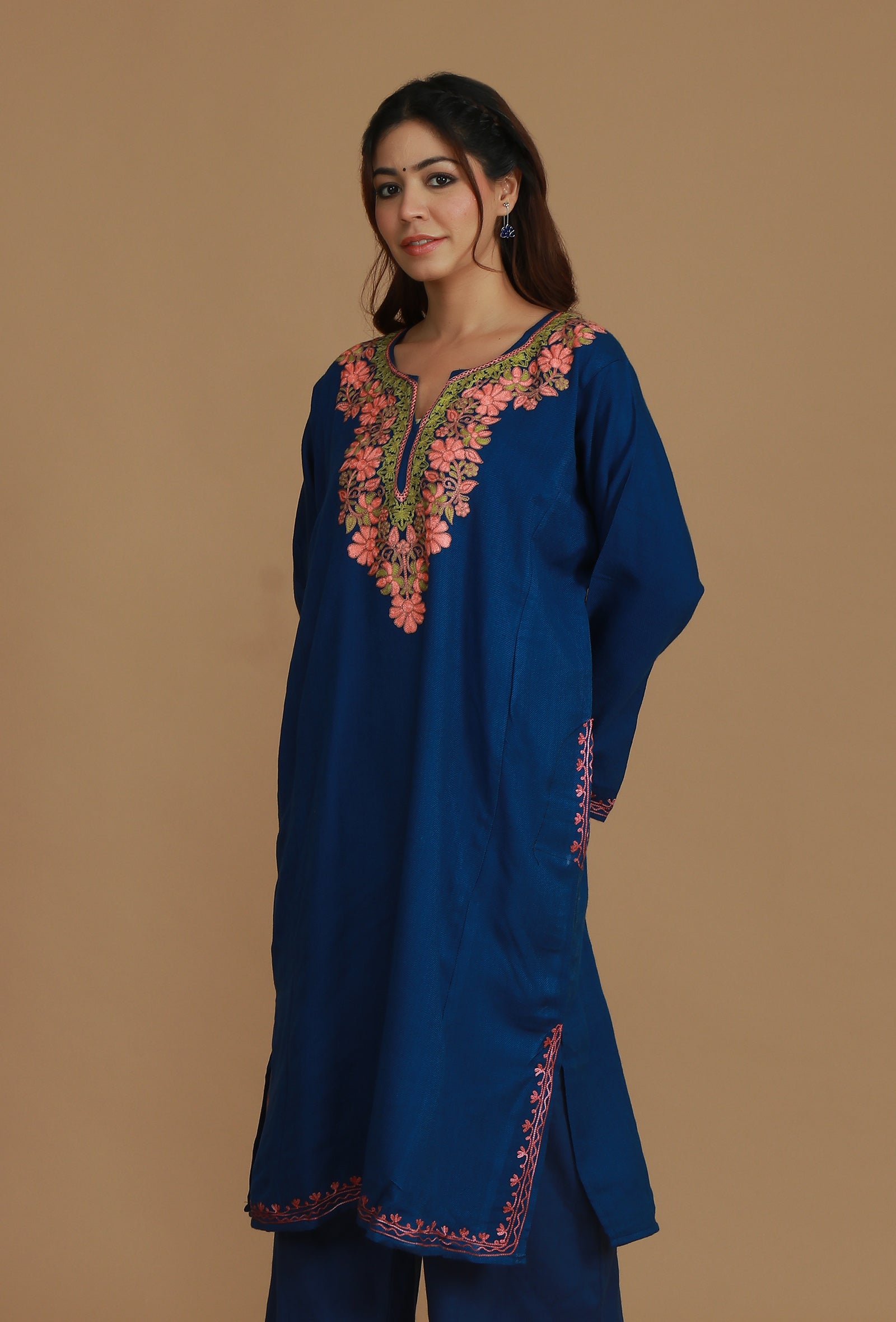 Royal Blue Phiran with Peach & Green Aari Embroidery- Free Size