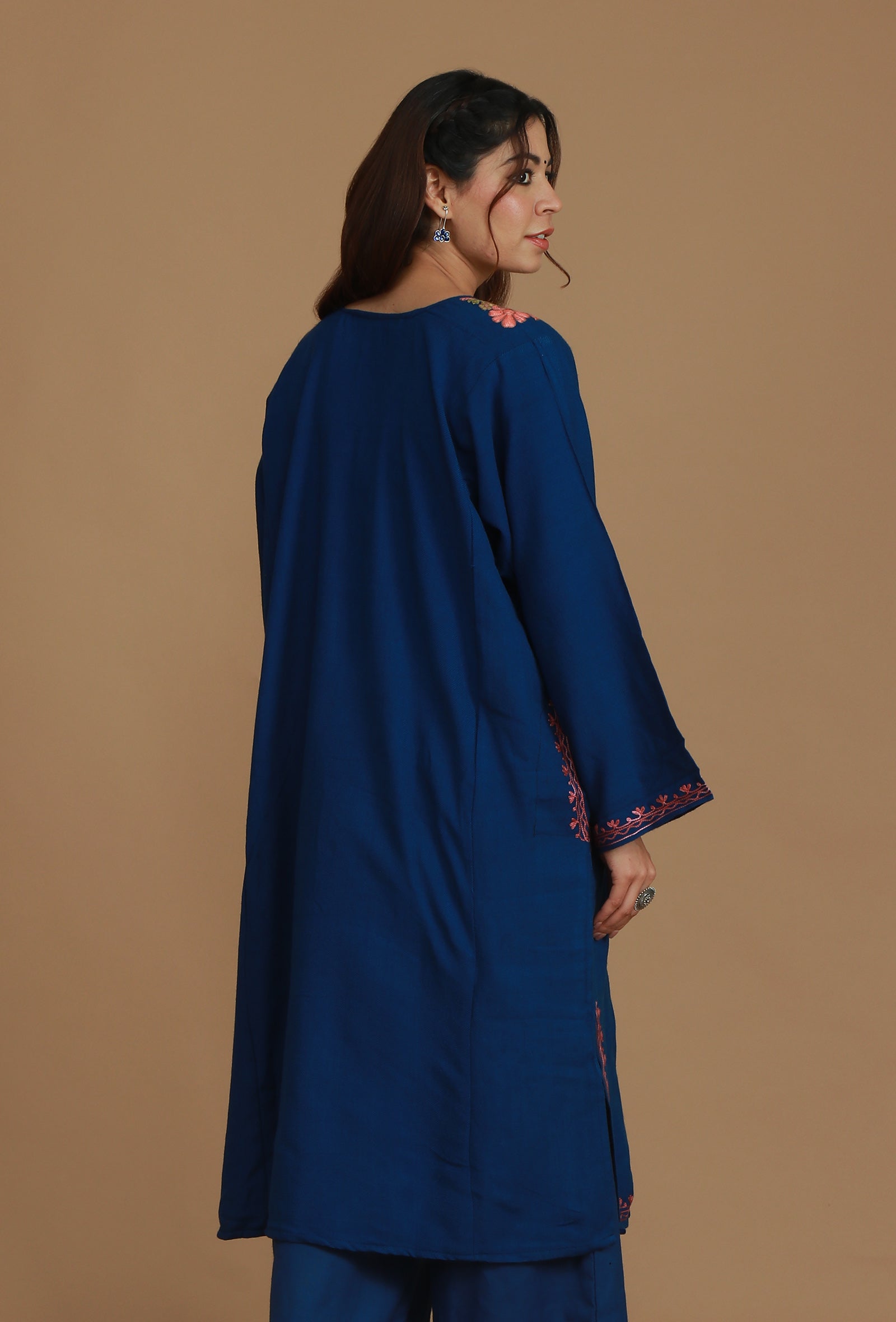 Royal Blue Phiran with Peach & Green Aari Embroidery- Free Size