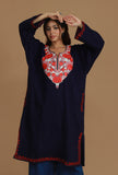 Navy Blue Phiran with Red and White Aari Embroidery- Free Size