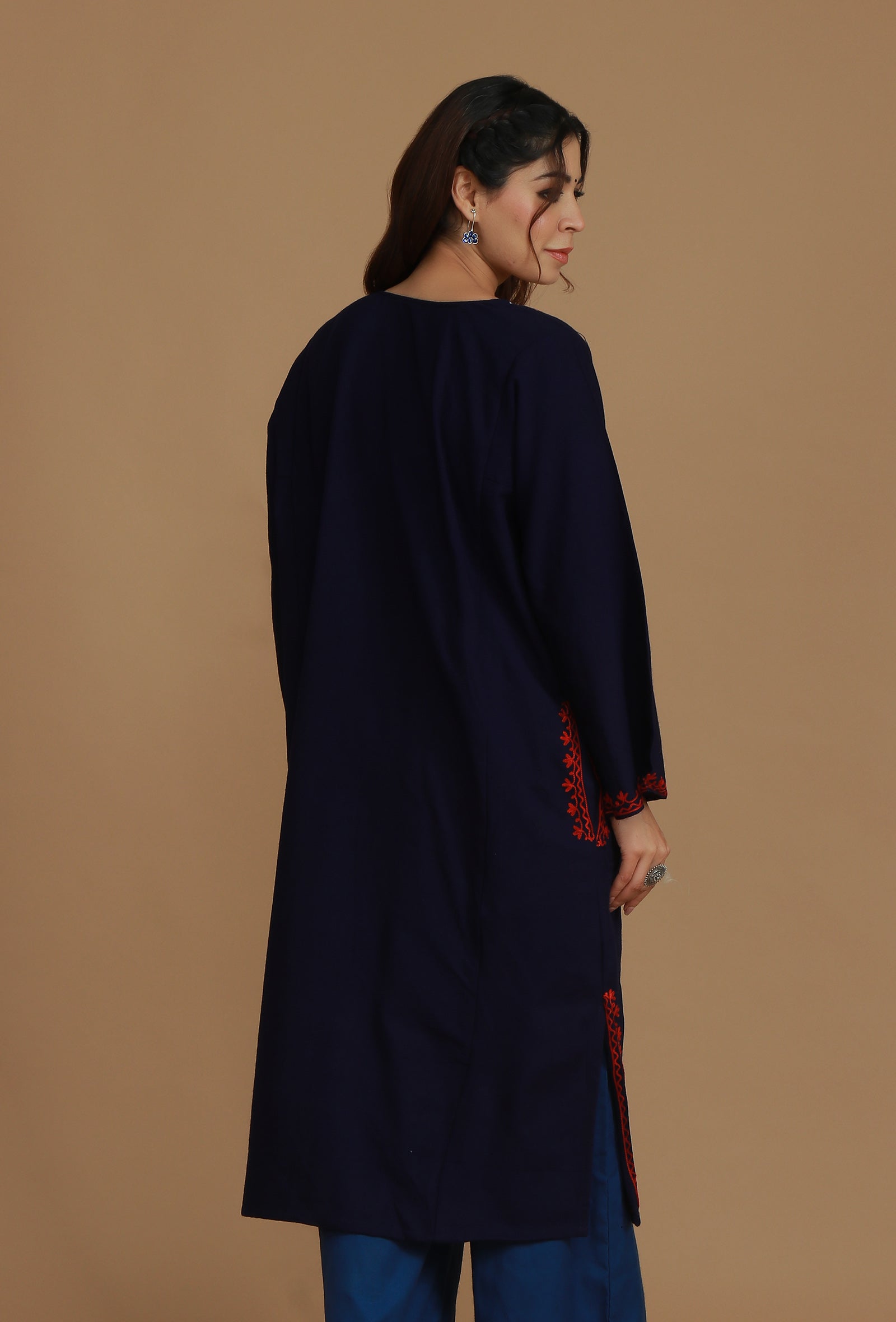 Navy Blue Phiran with Red and White Aari Embroidery- Free Size