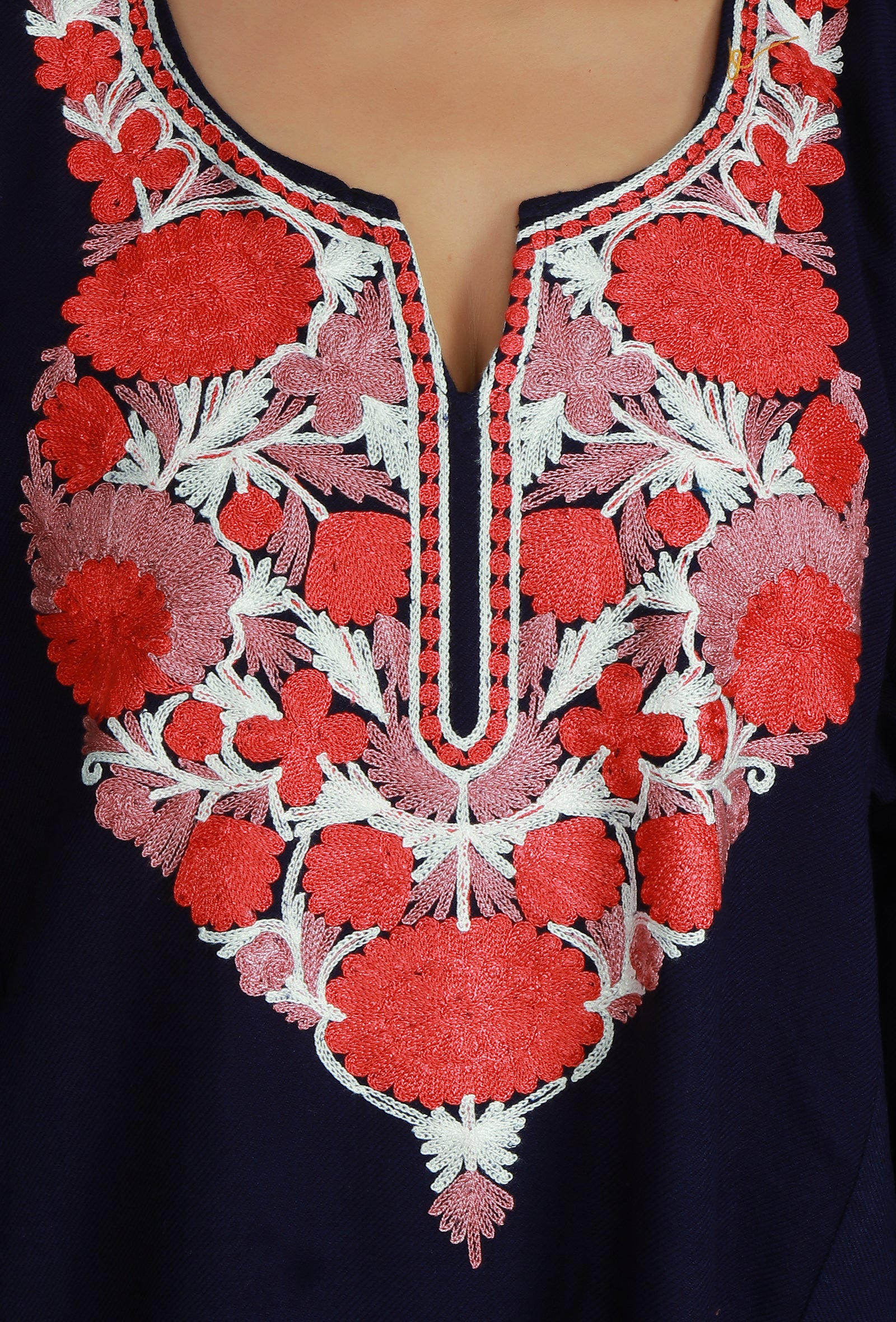 Navy Blue Phiran with Red and White Aari Embroidery- Free Size