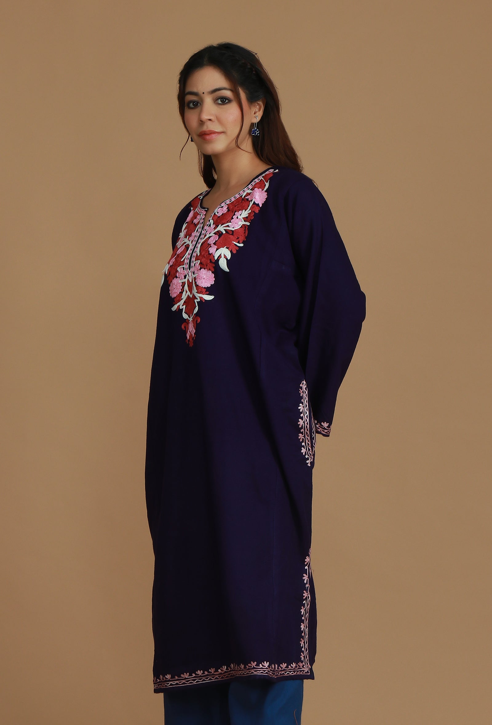 Plum Phiran with Pink and Maroon Aari Embroidery- Free Size