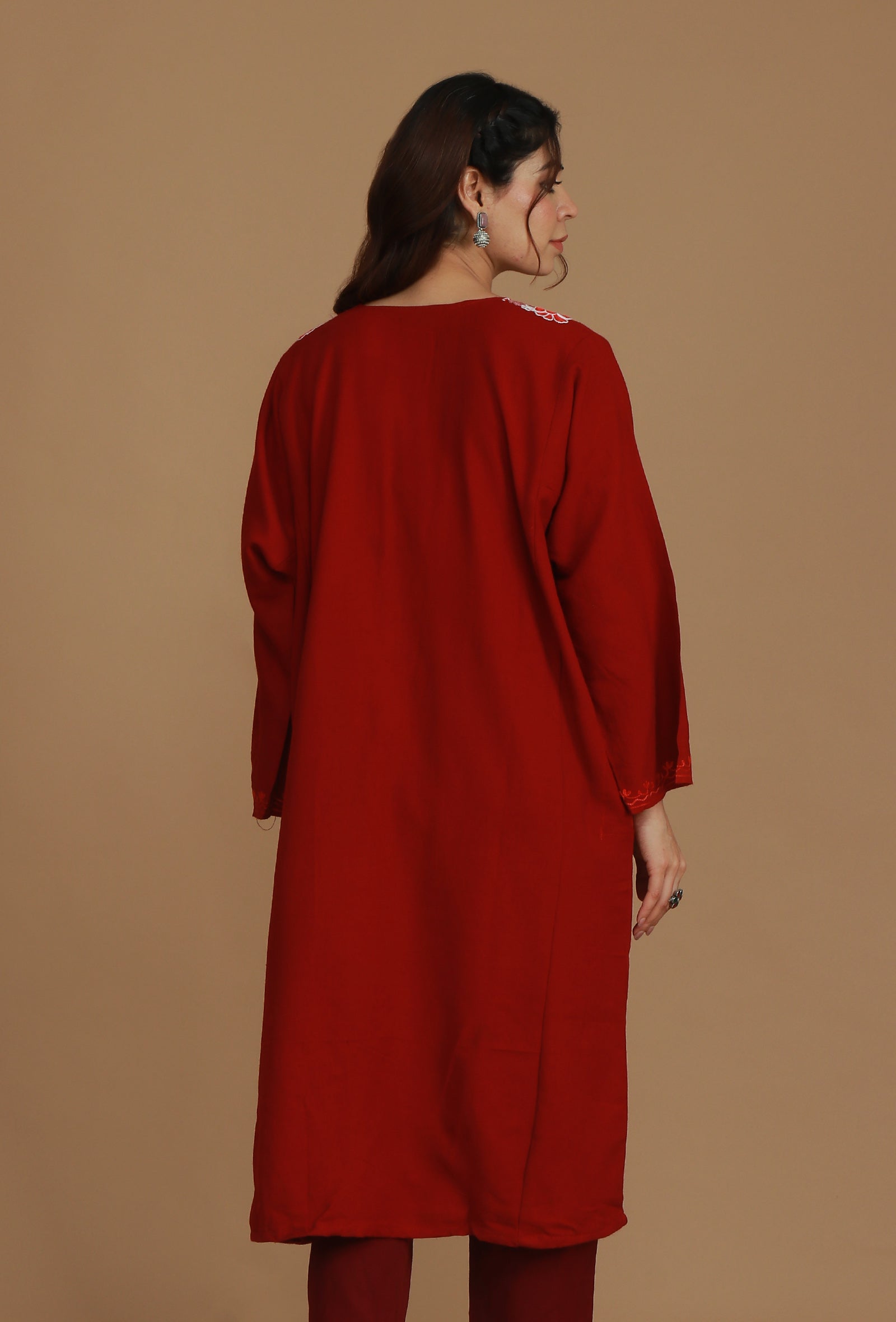 Maroon Phiran with White and Pink Aari Embroidery- Free Size