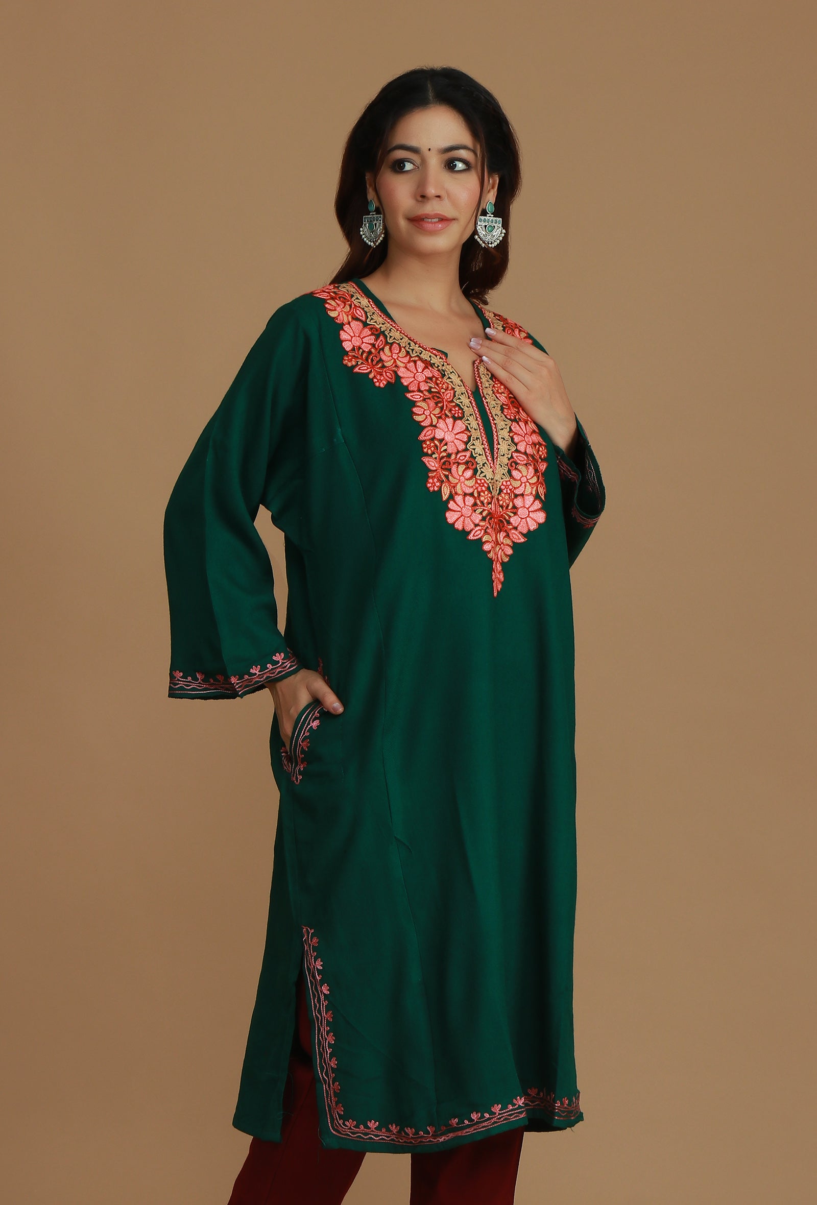 Forest Green Phiran with Peach and Coral Aari Embroidery- Free Size