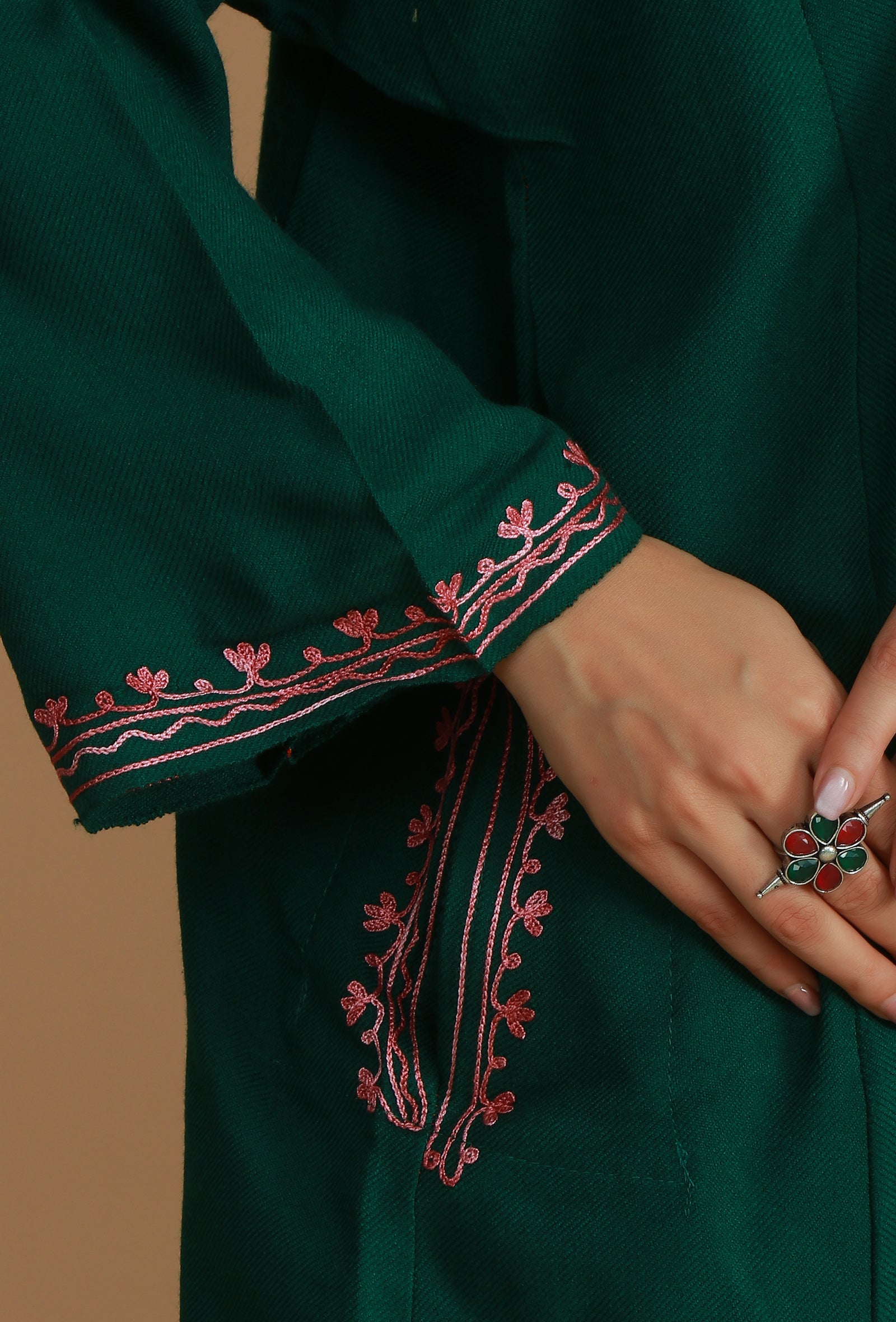 Forest Green Phiran with Peach and Coral Aari Embroidery- Free Size