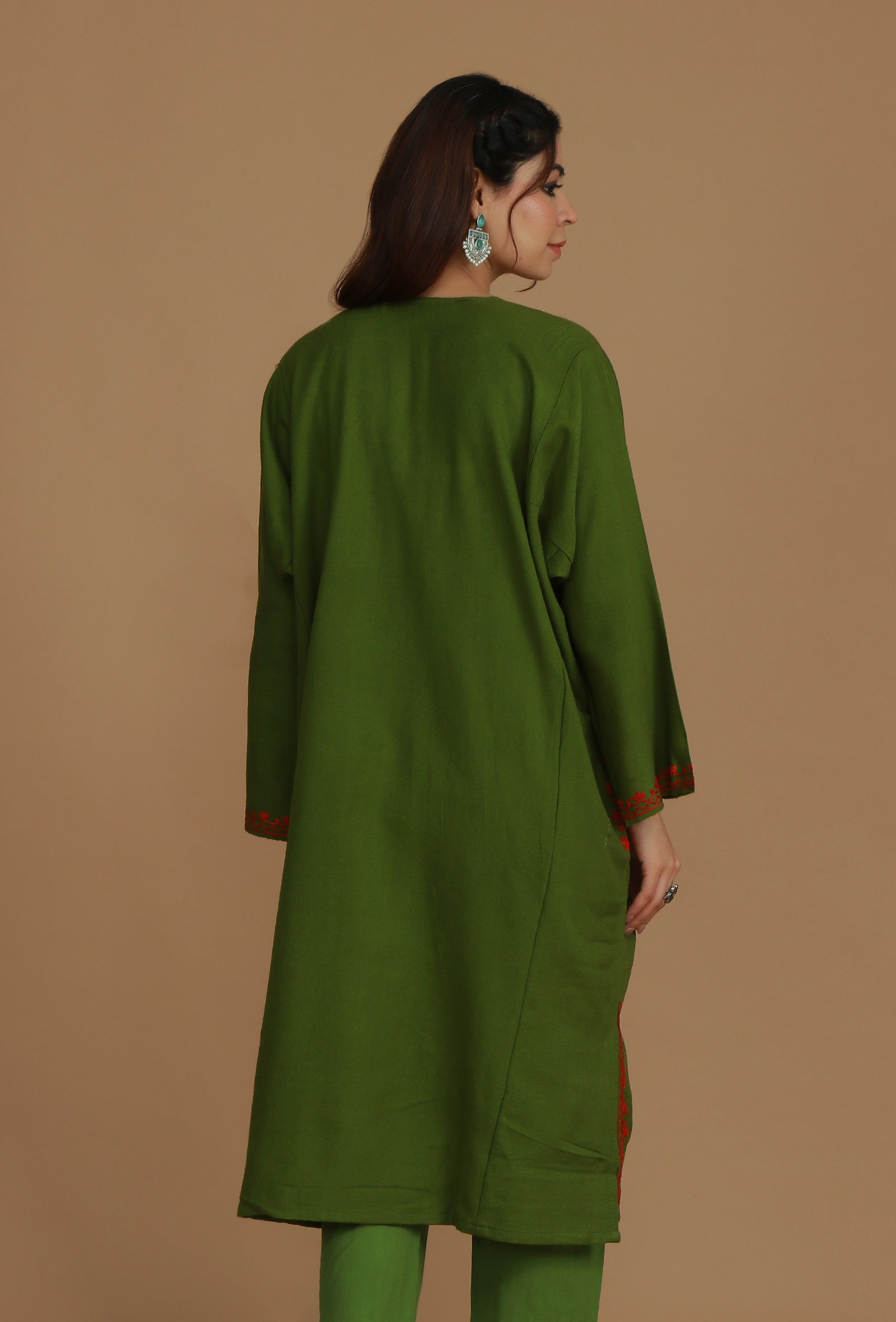 Olive Green Phiran with Red and White Aari Embroidery- Free Size