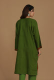 Olive Green Phiran with Red and White Aari Embroidery- Free Size