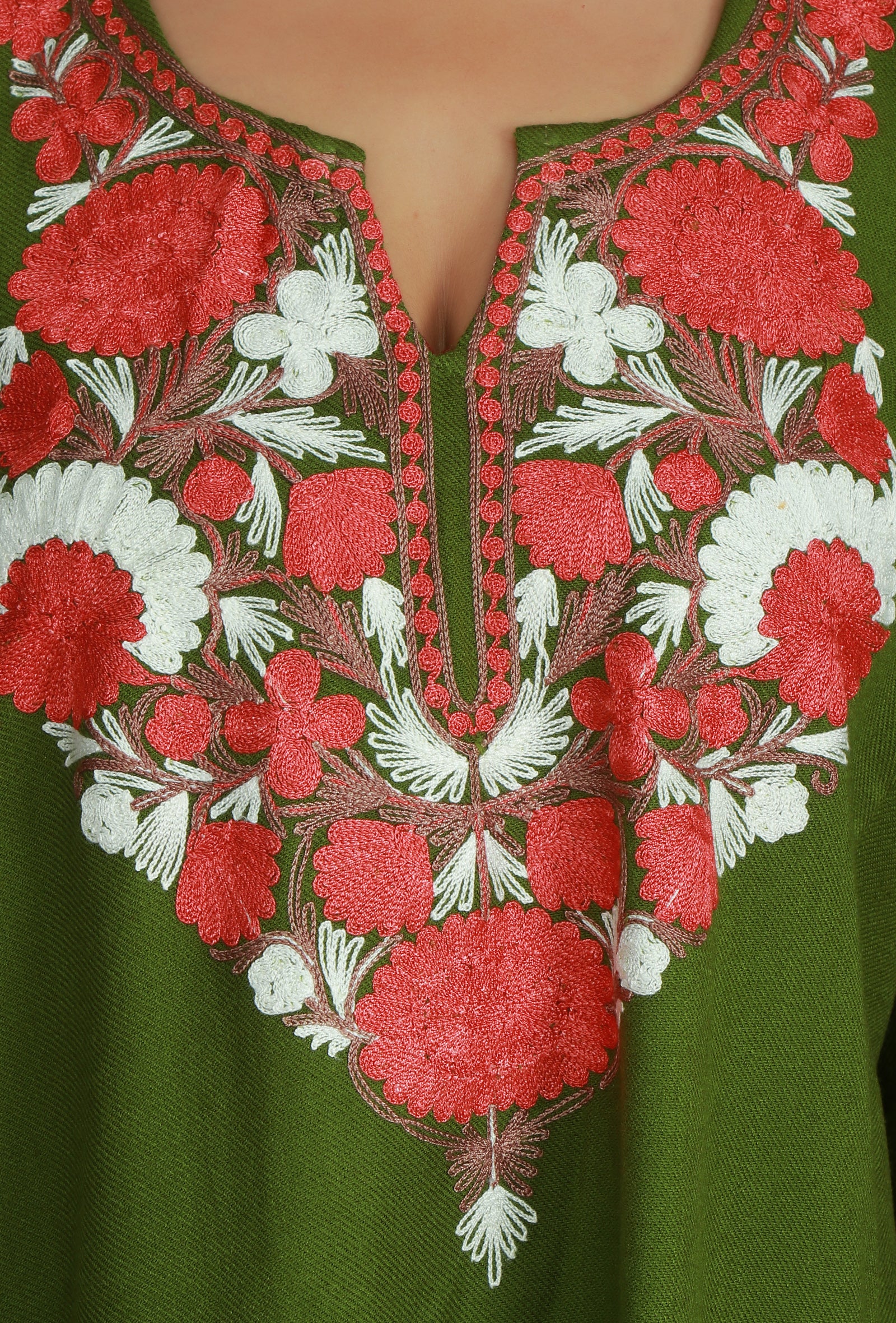 Olive Green Phiran with Red and White Aari Embroidery- Free Size