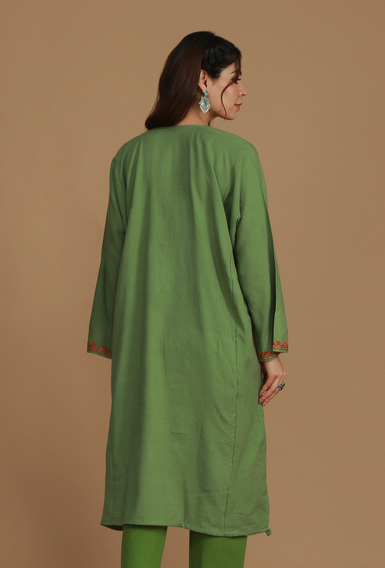 Olive Green Phiran with Multi-Tone Aari Embroidery- Free Size