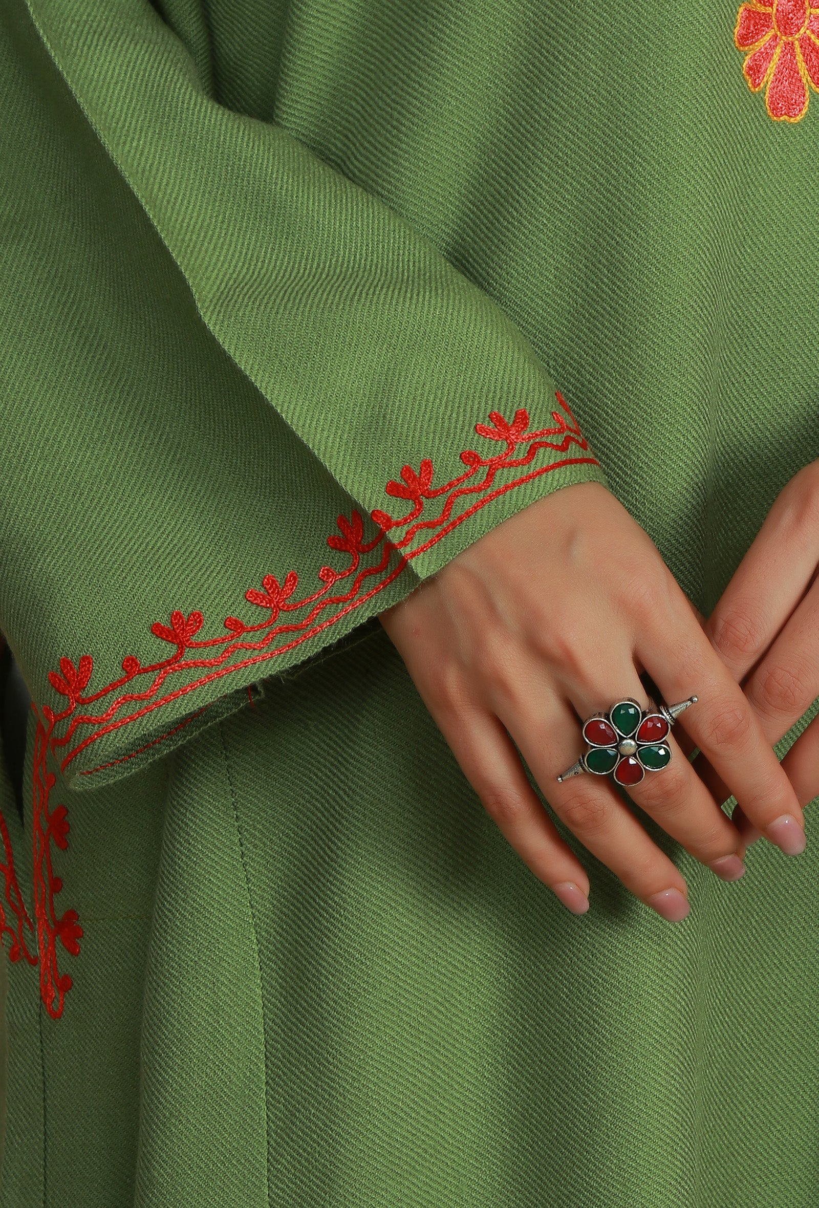 Olive Green Phiran with Multi-Tone Aari Embroidery- Free Size