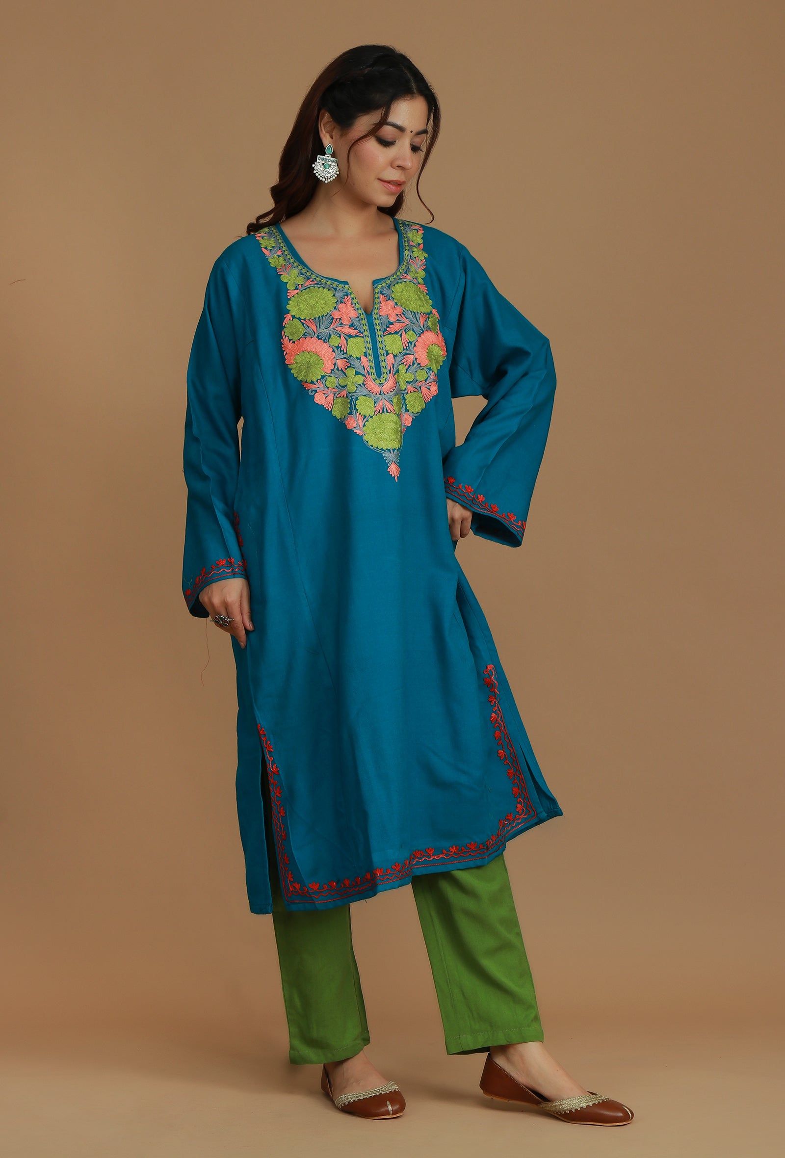 Teal Blue Phiran with Multi-Tone Aari Embroidery- Free Size